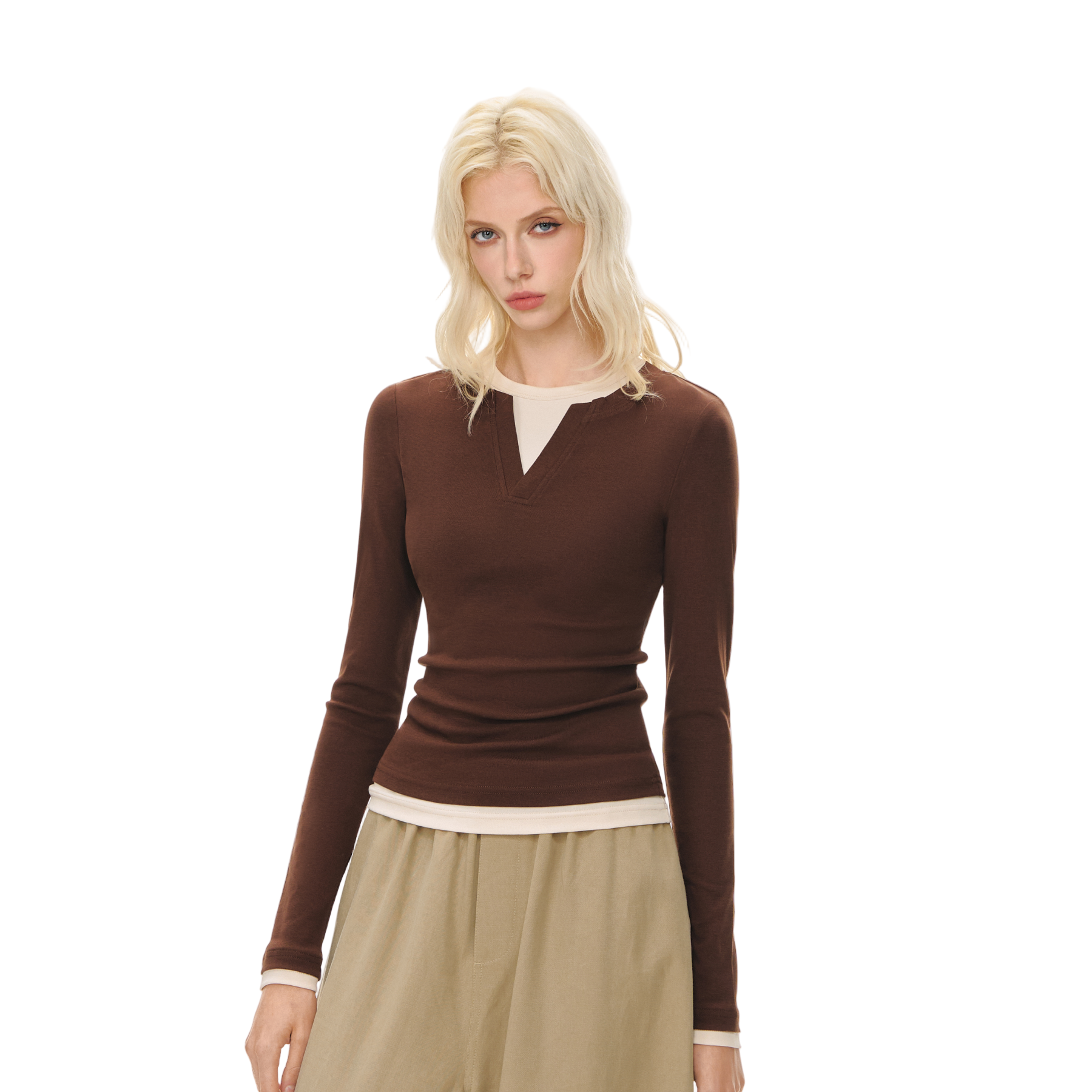 Brown Stretch Cotton Layered Fake Two-piece Long-sleeved T-shirt