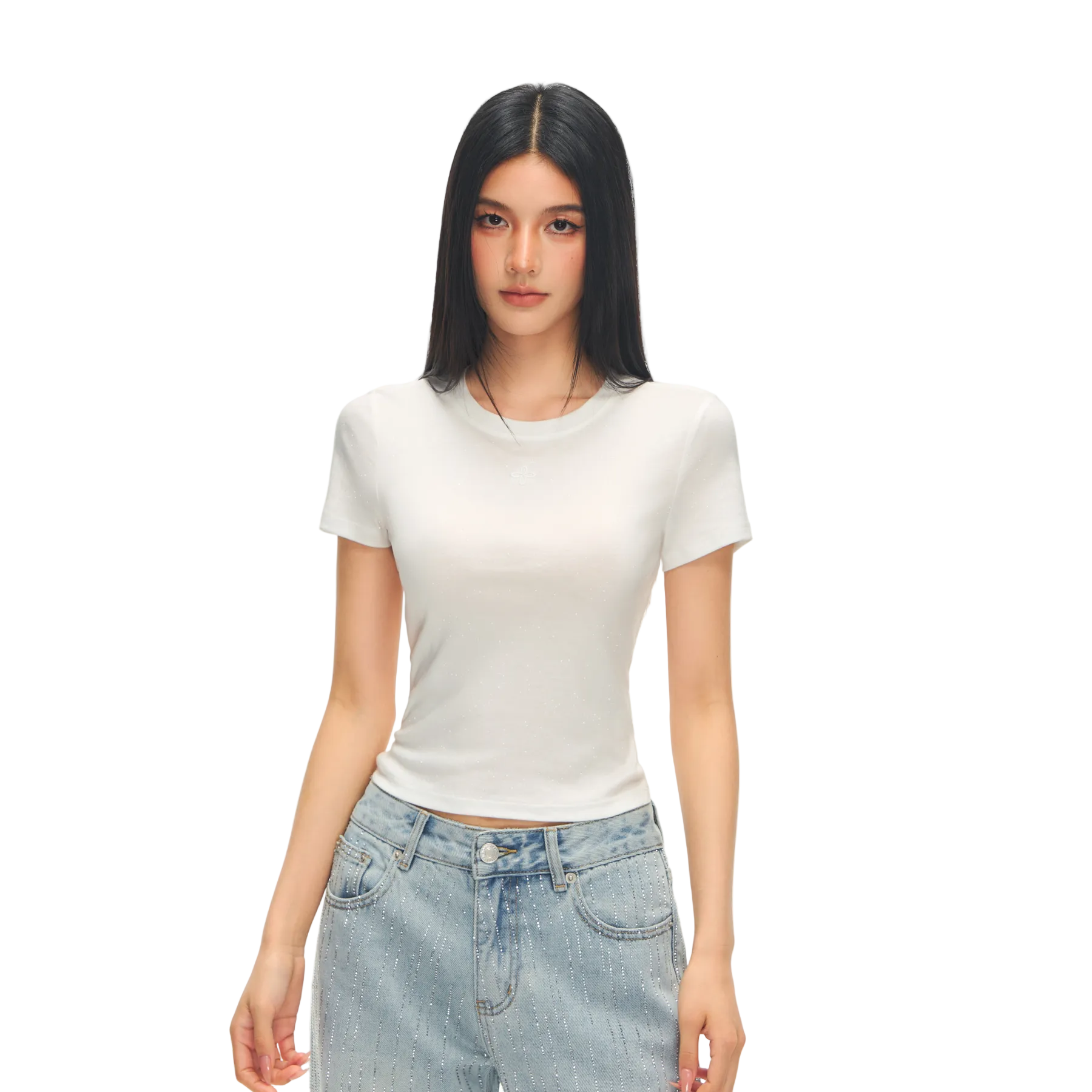 White Cross Flower Rhinestone Crew Neck T-Shirt