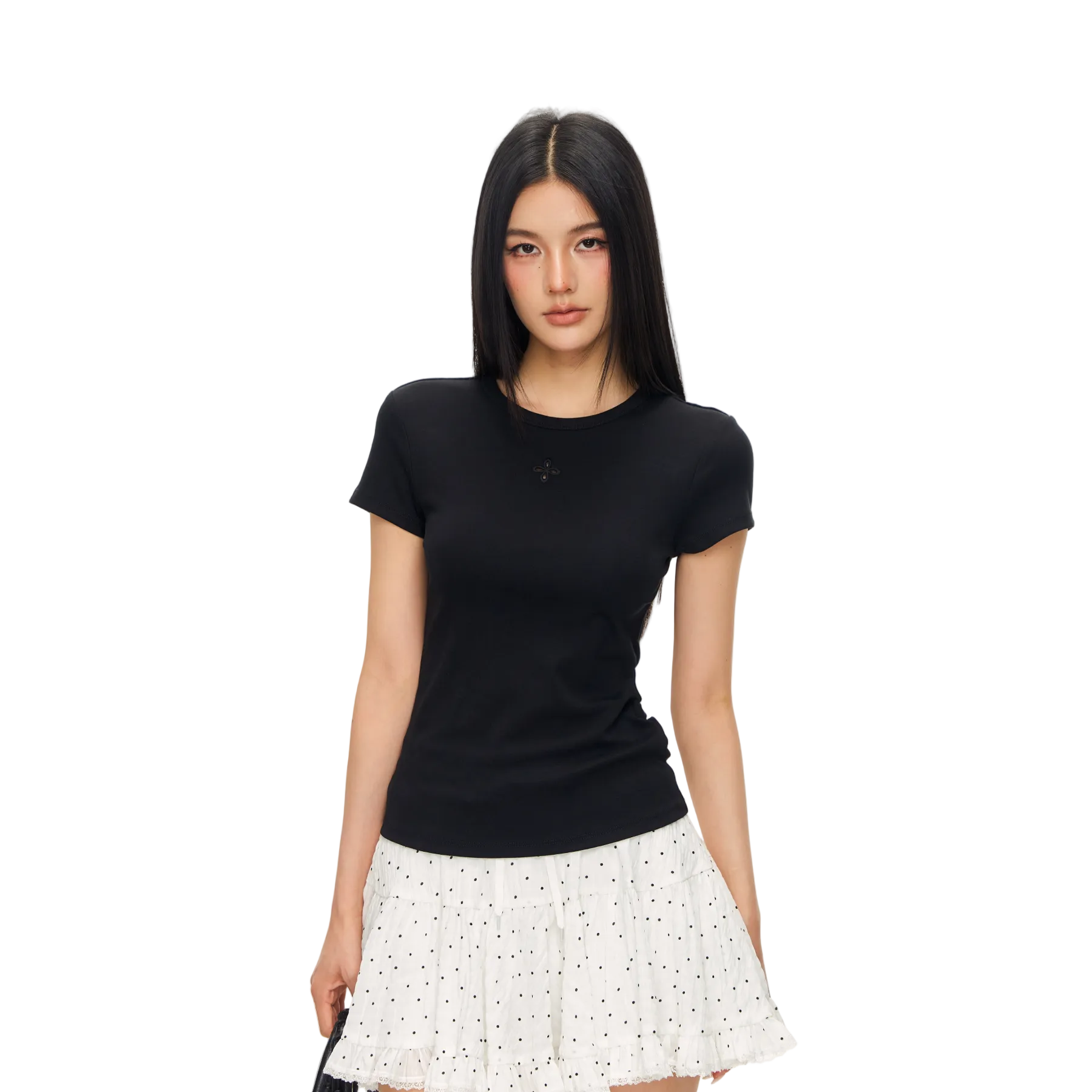 Black Hollow-out Cross Embroidery Slim Fit Short Sleeve