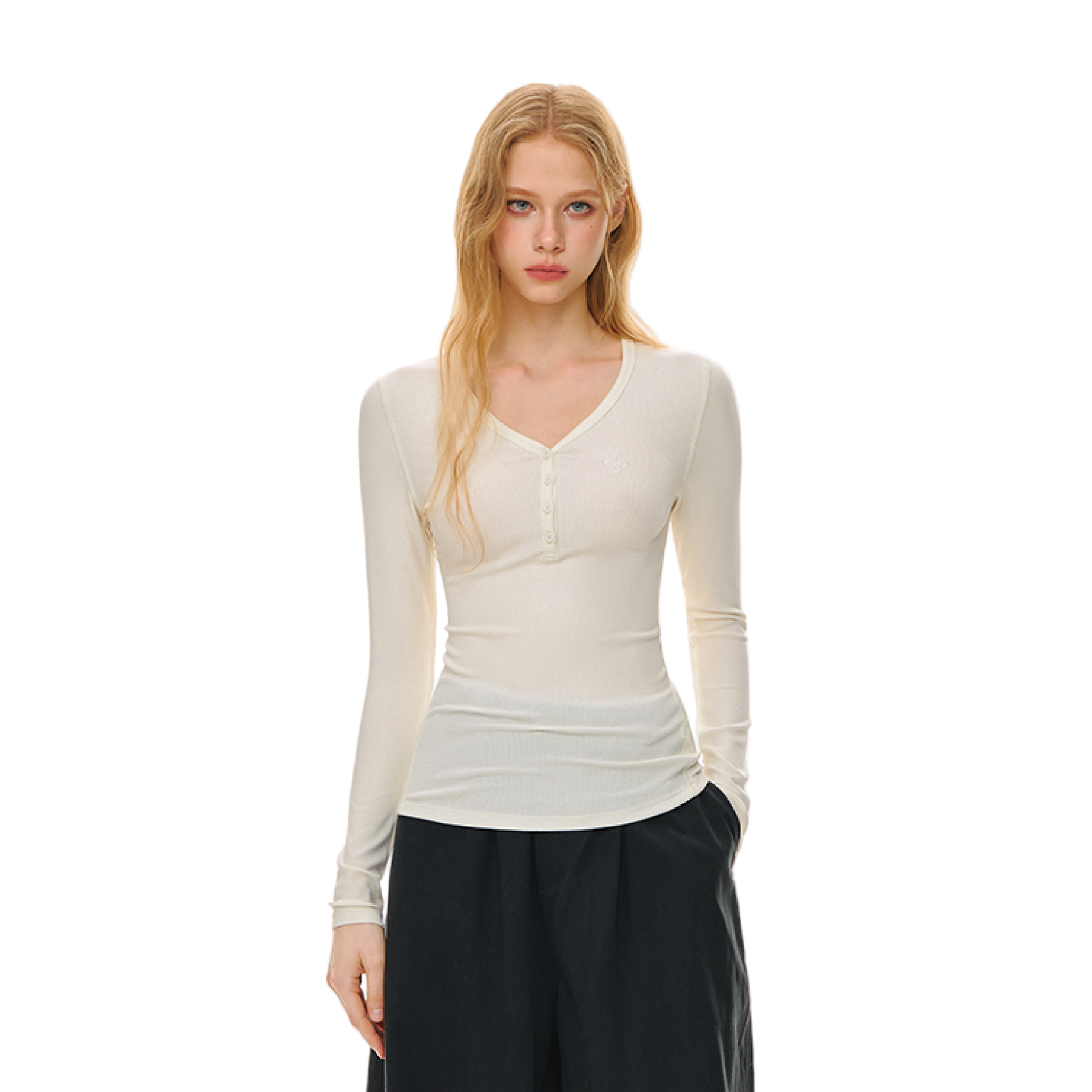 Lyocell V-neck Button Long Sleeve T-shirt In Beige