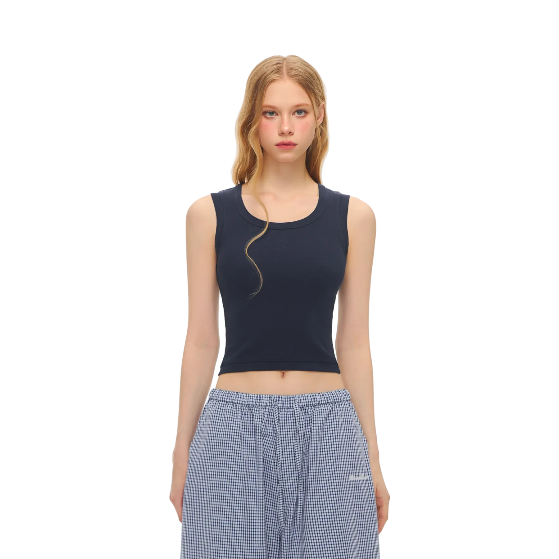 Navy Blue Cross Flower Embroidered U-Neck Vest