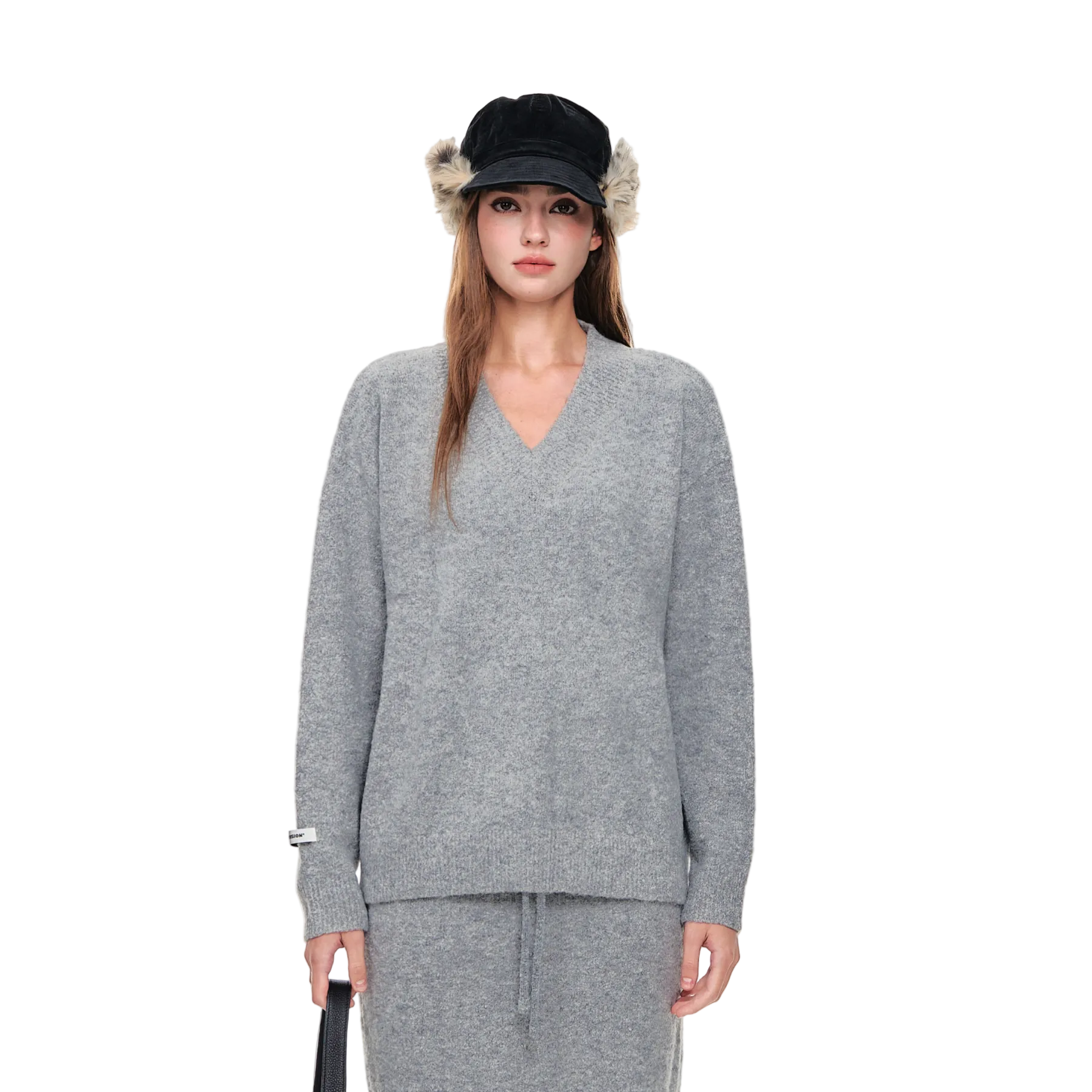 Grey Circular Yarn Chunky Knit V-Neck Loose Sweater