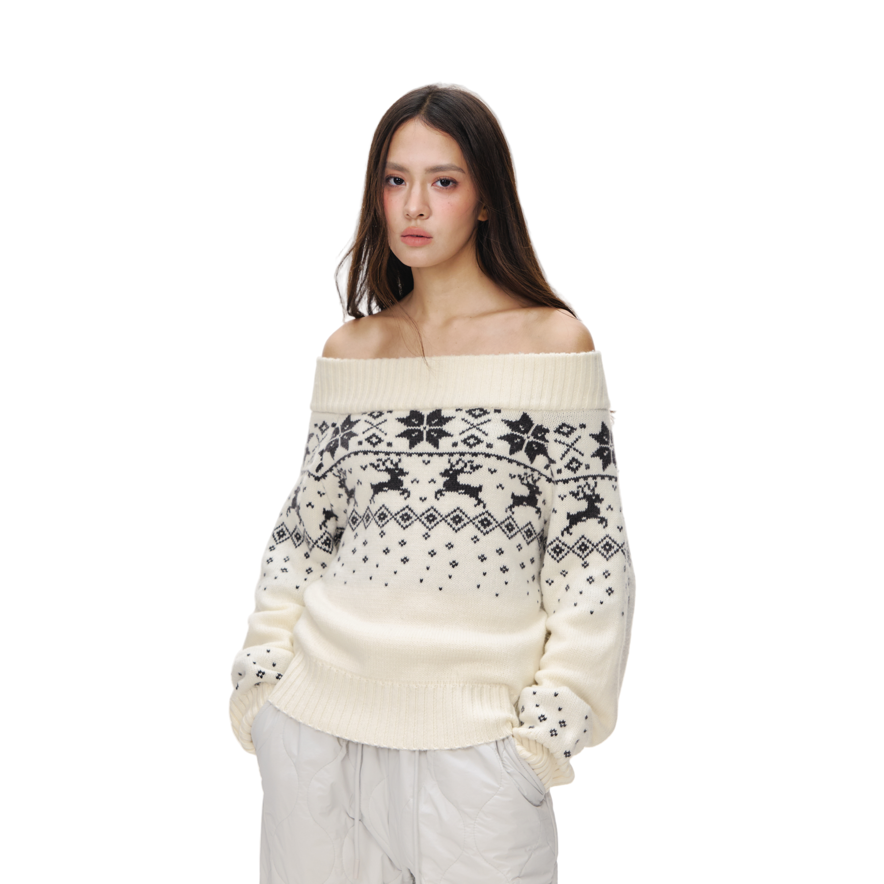 Beige Off-Shoulder Fair Isle Australian Wool Jacquard Pullover Sweater