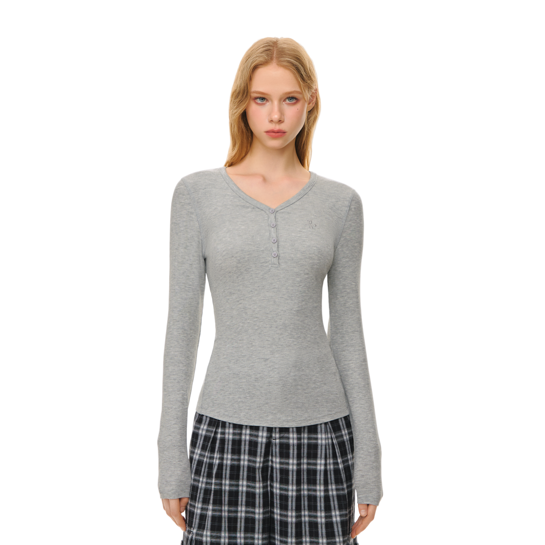 Lyocell V-neck Button Long Sleeve T-shirt In Grey