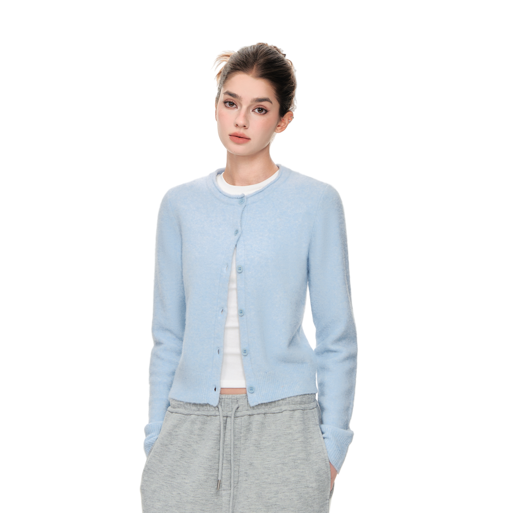 Blue Soft Wool Blend Round Neck Curled Retro Knitted Cardigan