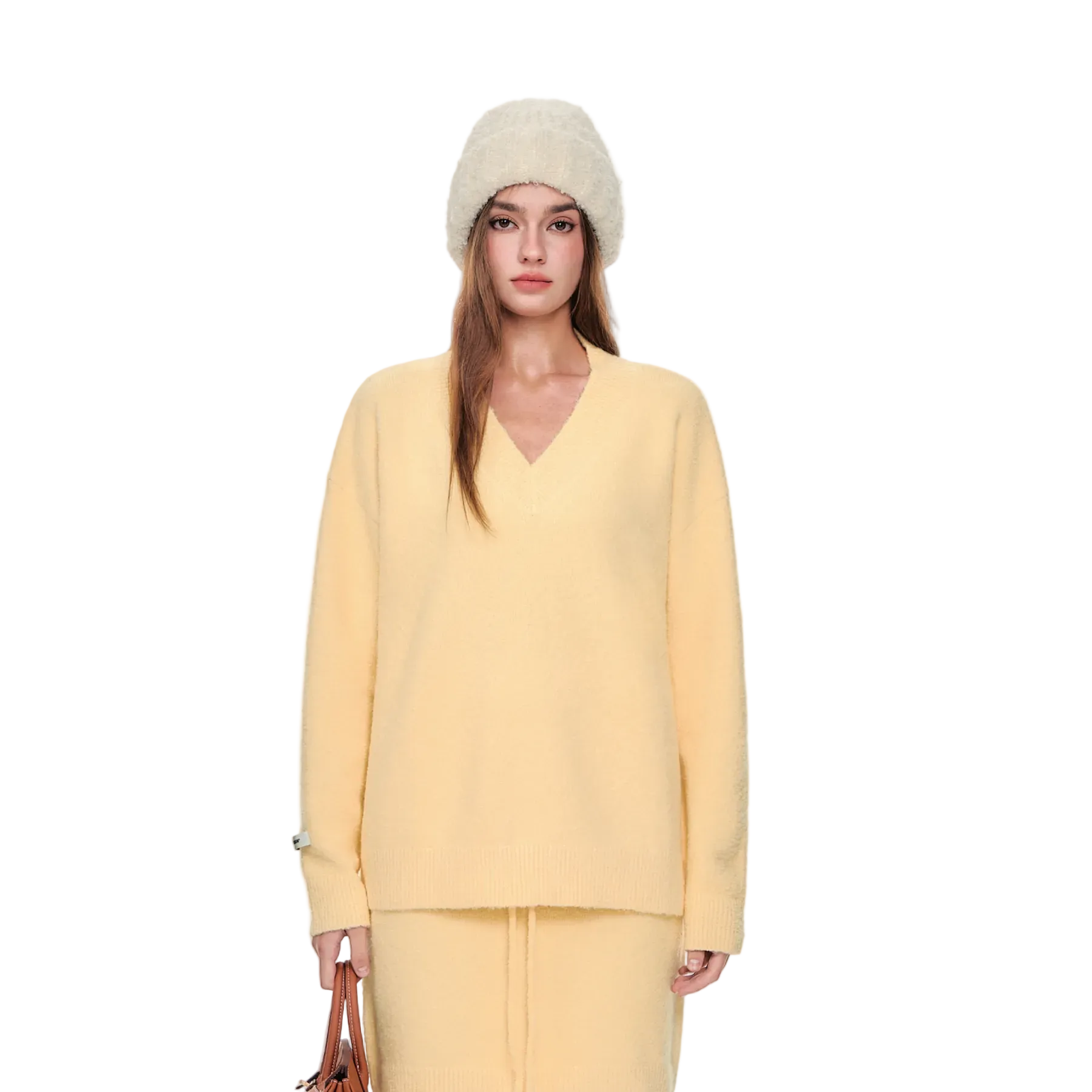 Yellow Circular Yarn Chunky Knit V-Neck Loose Sweater