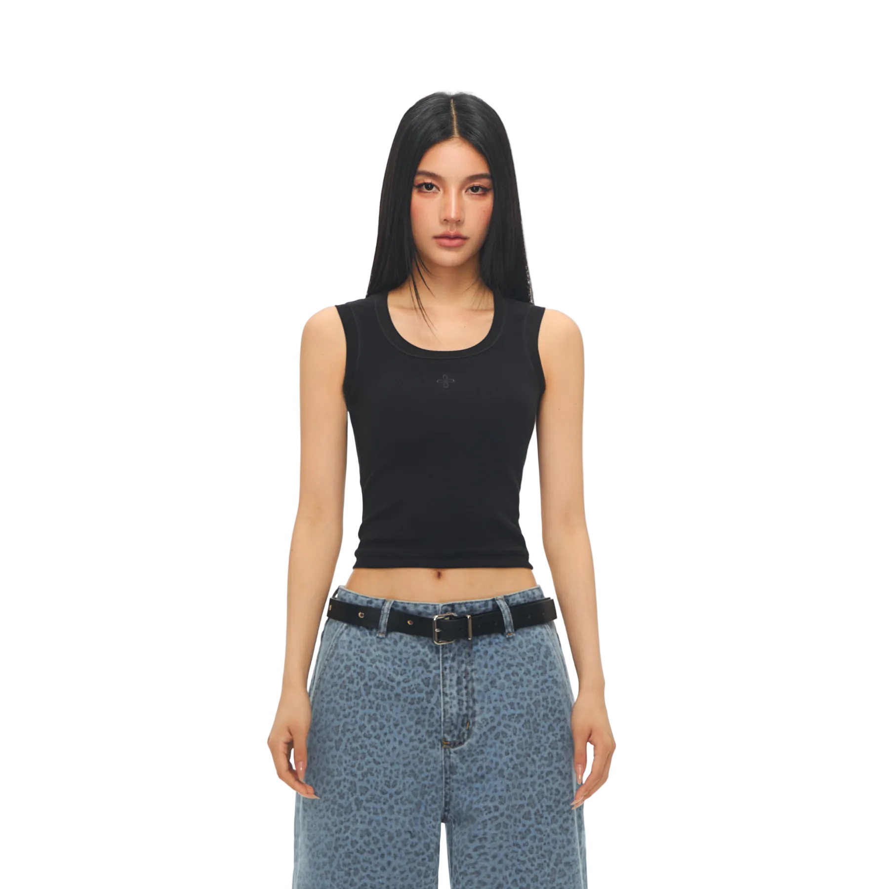 Black Cross Flower Embroidered U-Neck Vest