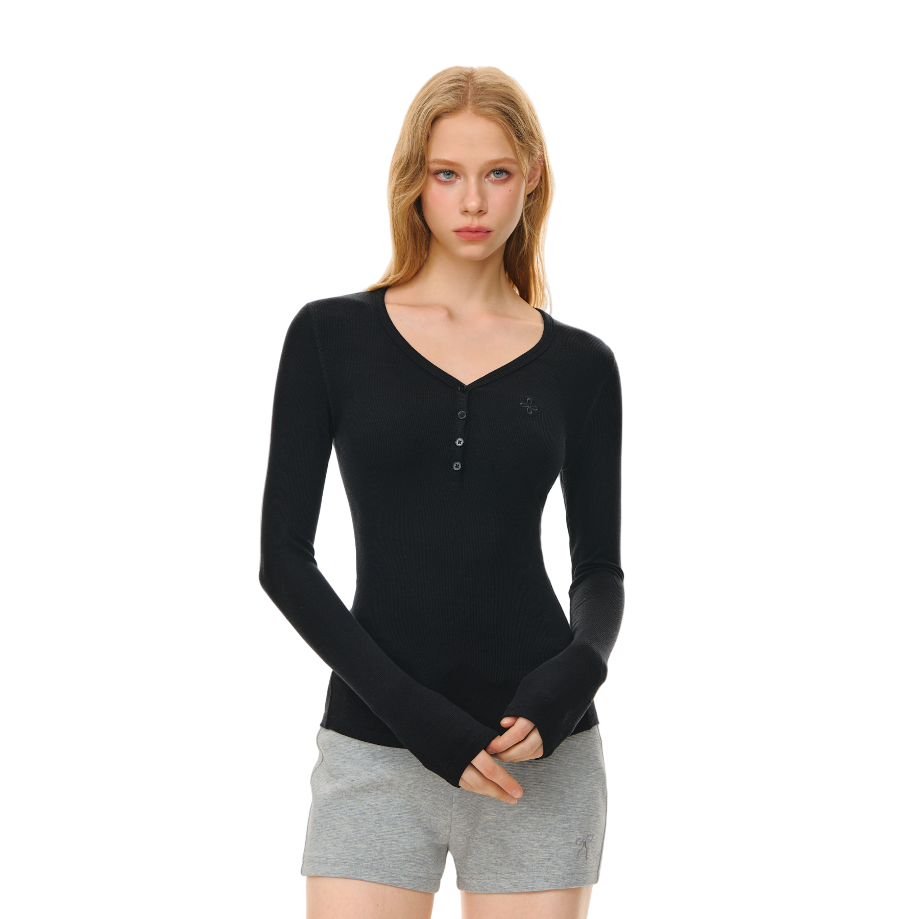 Lyocell V-neck Button Long Sleeve T-shirt In Black