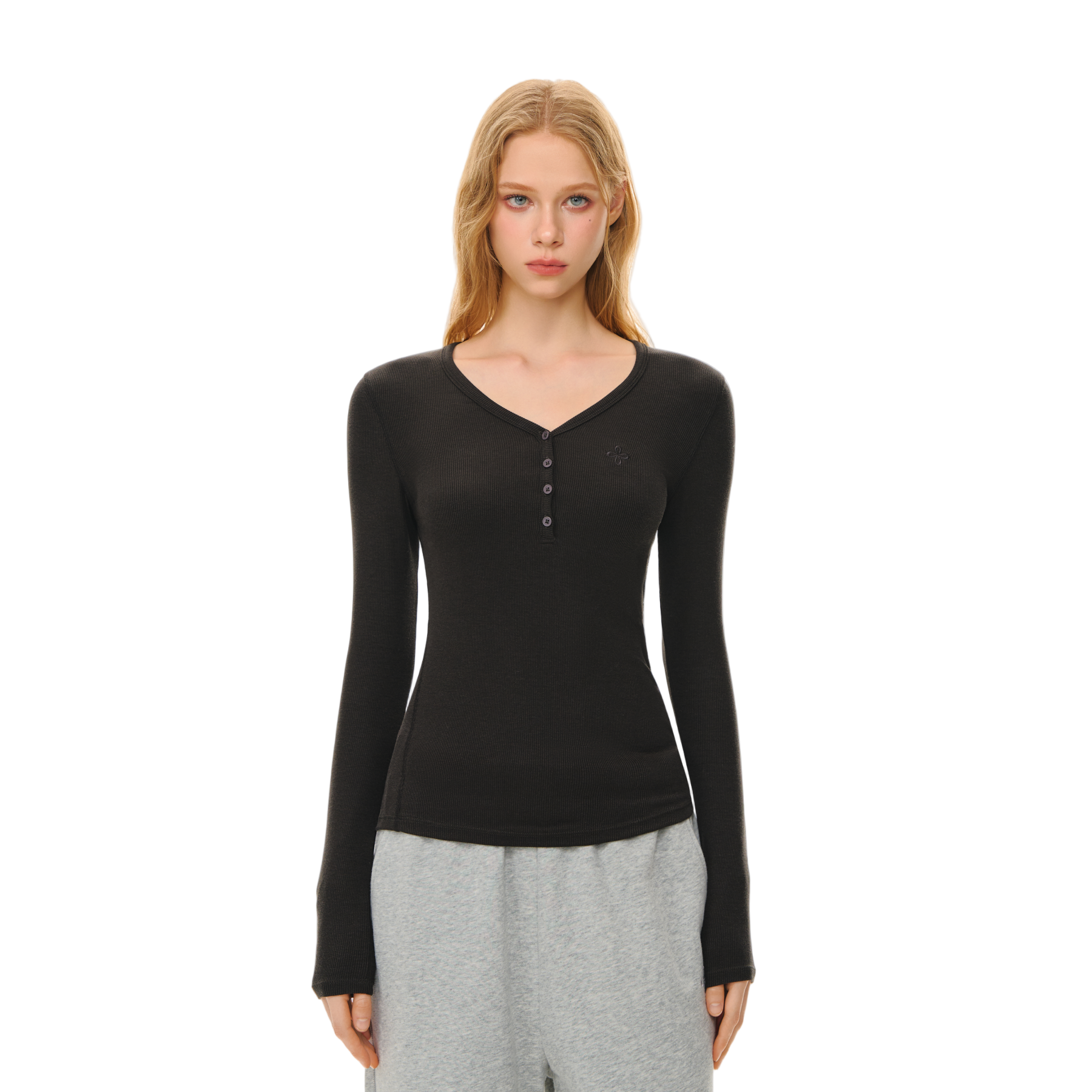 Lyocell V-neck Button Long Sleeve T-shirt In Dark Grey