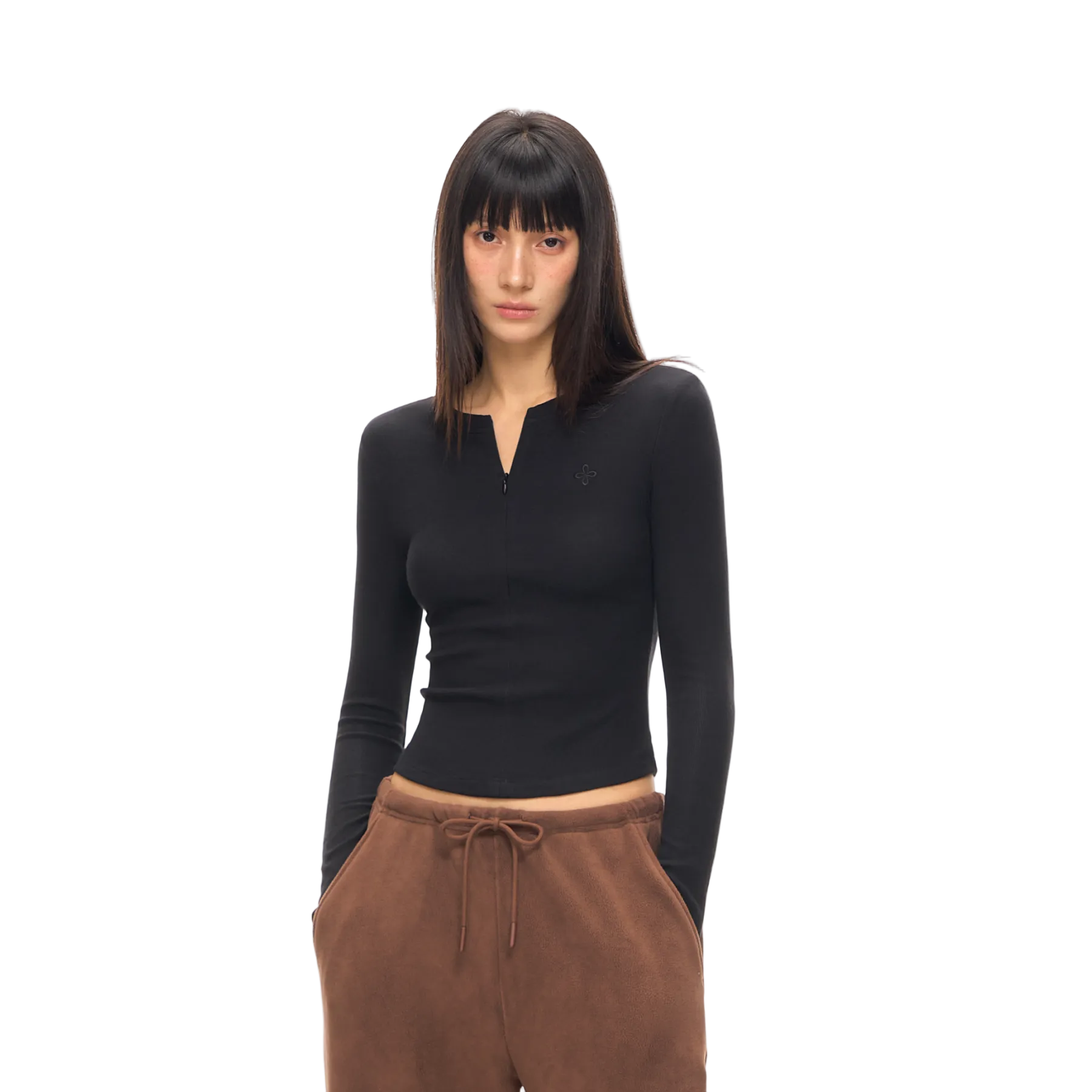 Black Embroidered Half-Zip Brushed Long Sleeve