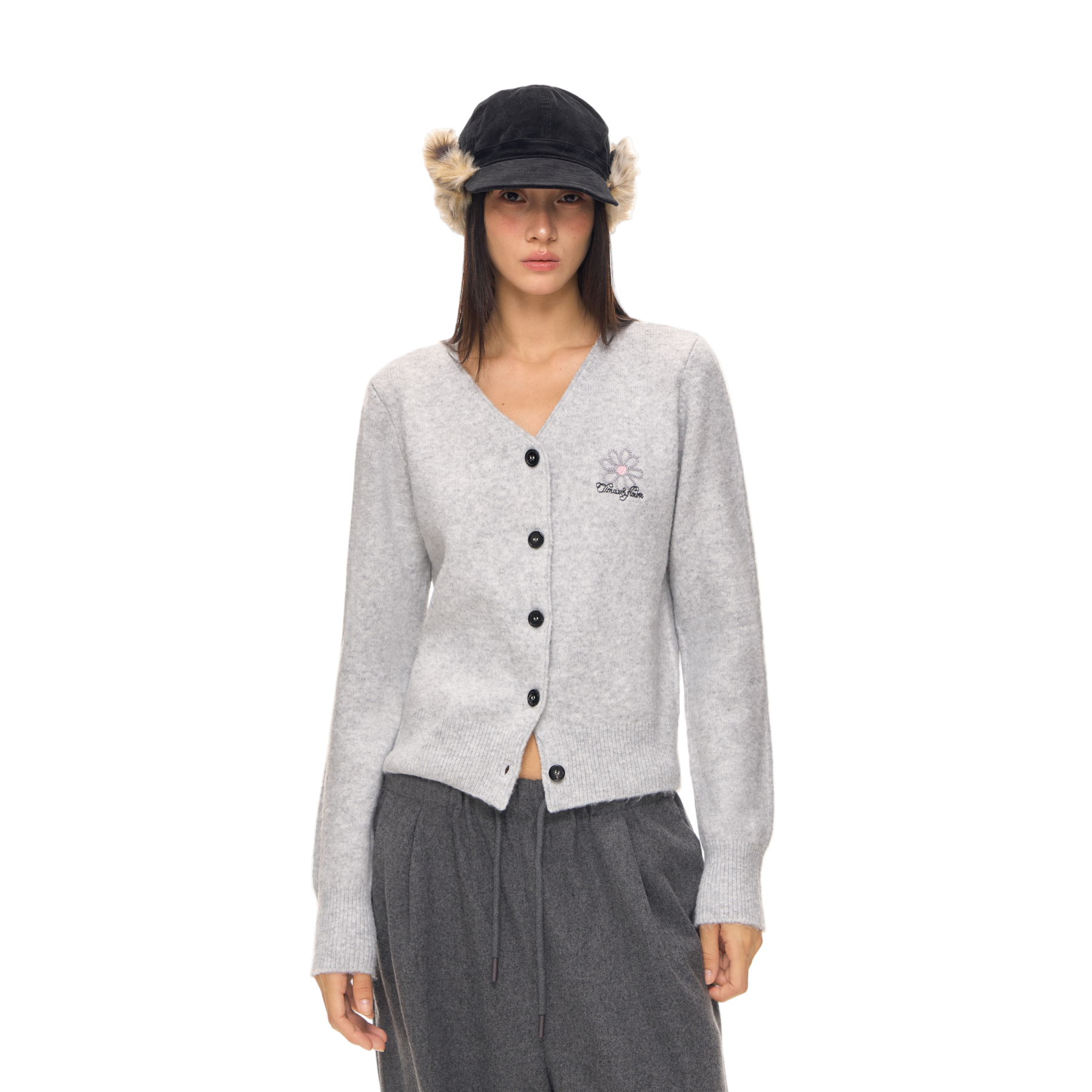 Daisy Embroidery V-Neck Knitted Cardigan In Light Gray