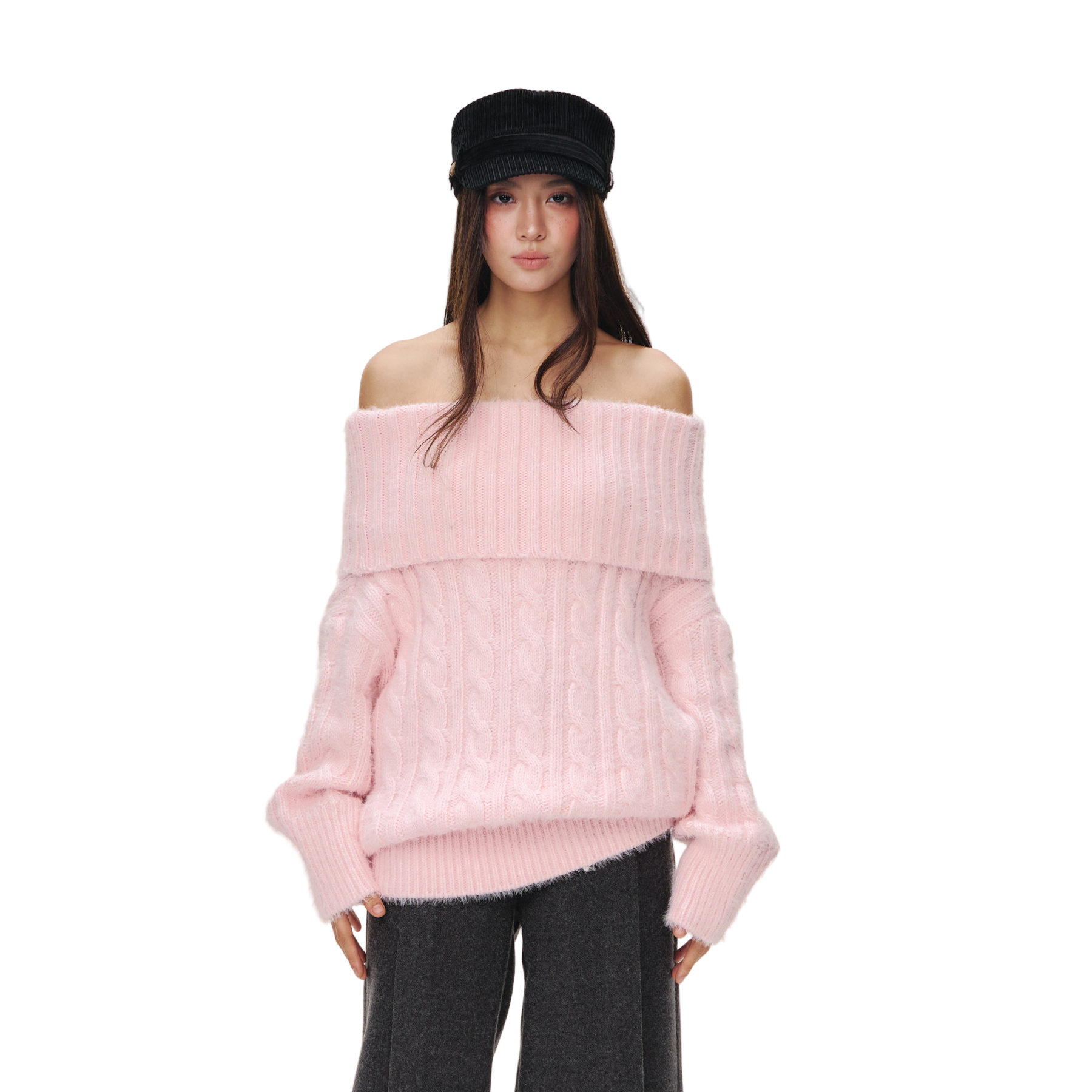 Pink Off-Shoulder Cable Knit Textured Sweater