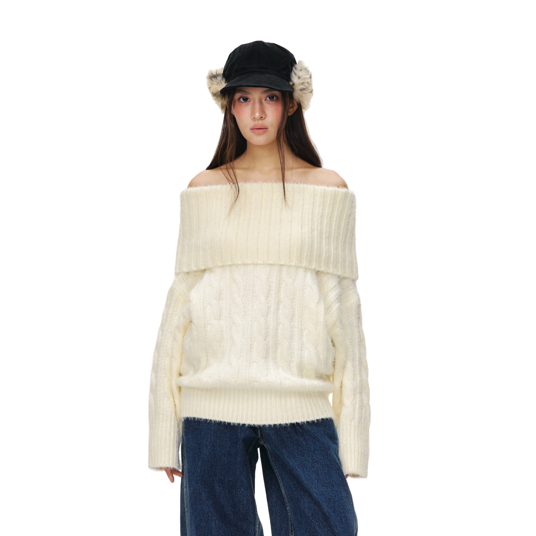 White Off-Shoulder Cable Knit Textured Sweater