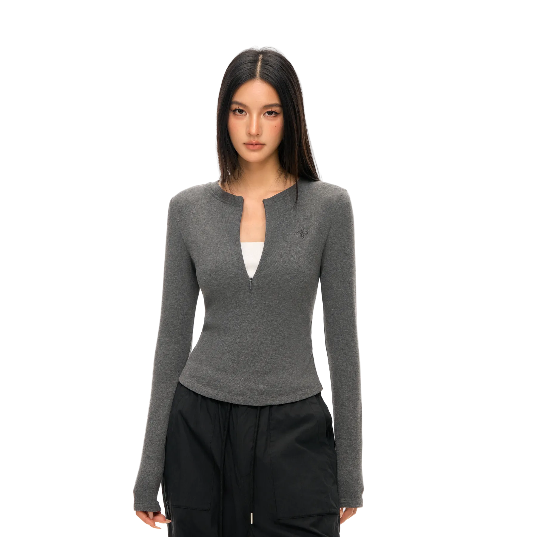 Grey Embroidered Half-Zip Brushed Long Sleeve