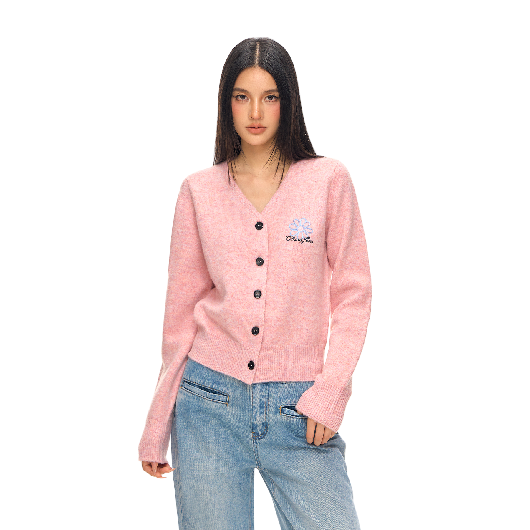 Daisy Embroidered V-Neck Knitted Cardigan In Pink