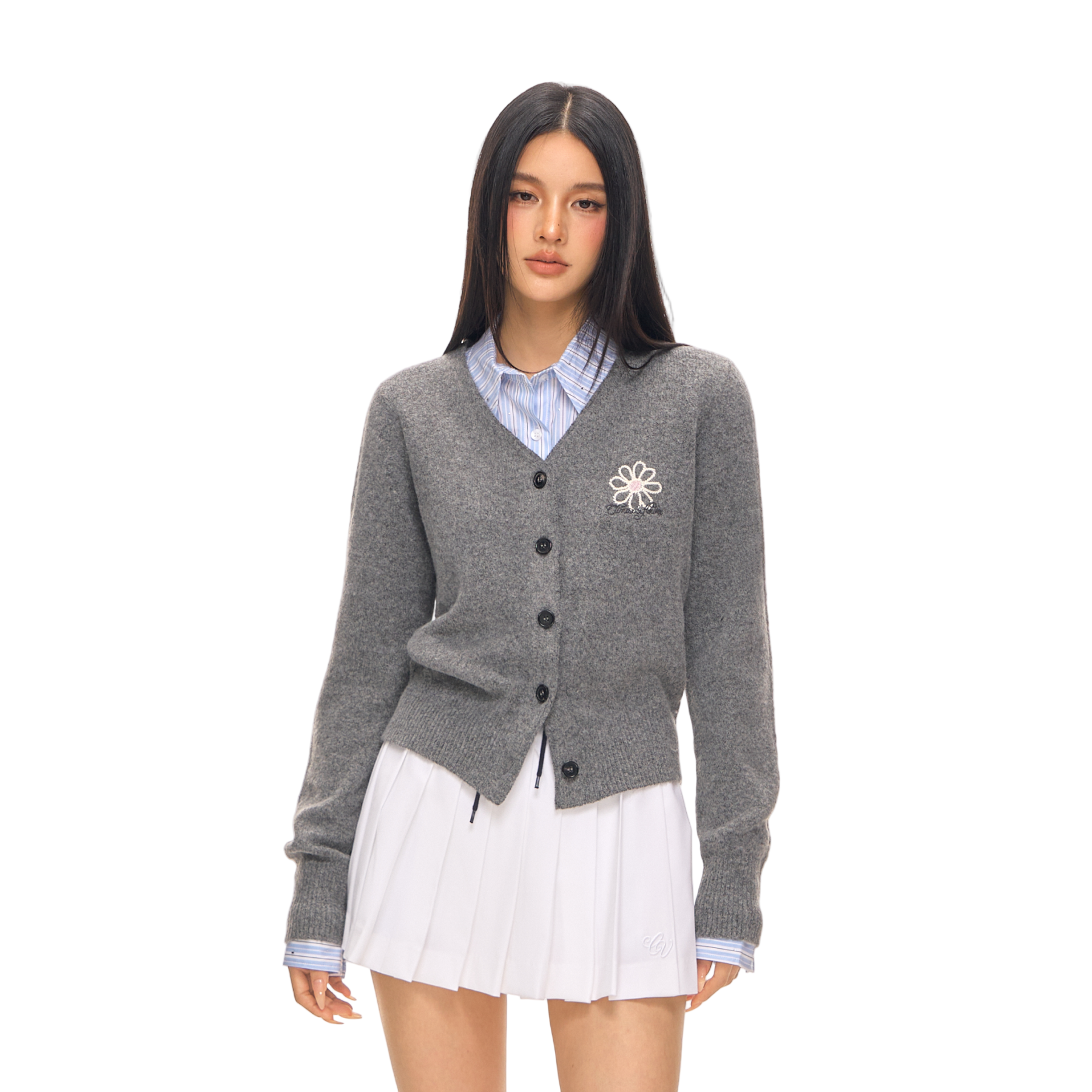 Daisy Embroidered V-Neck Knitted Cardigan In Dark Grey