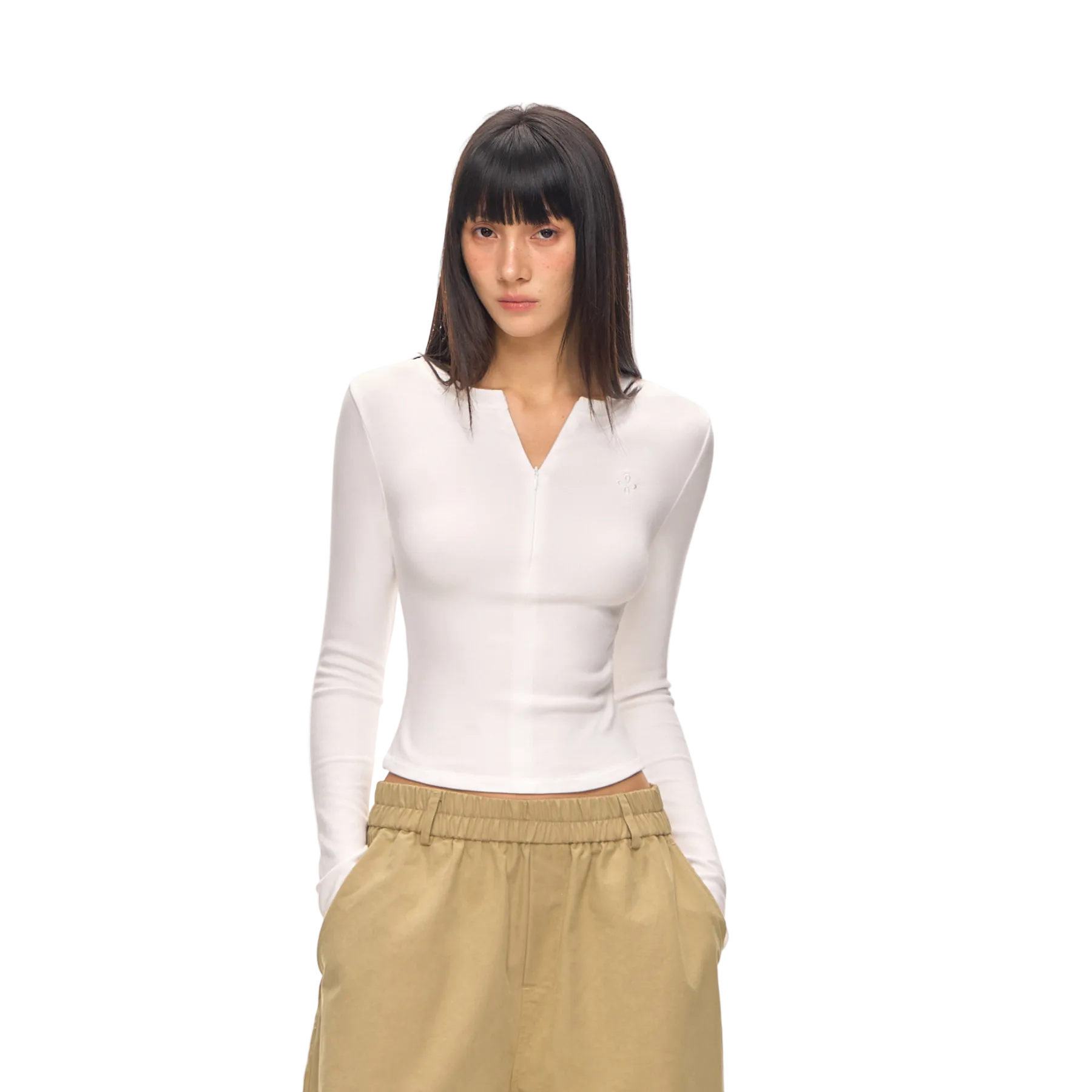 White Embroidered Half-Zip Brushed Long Sleeve