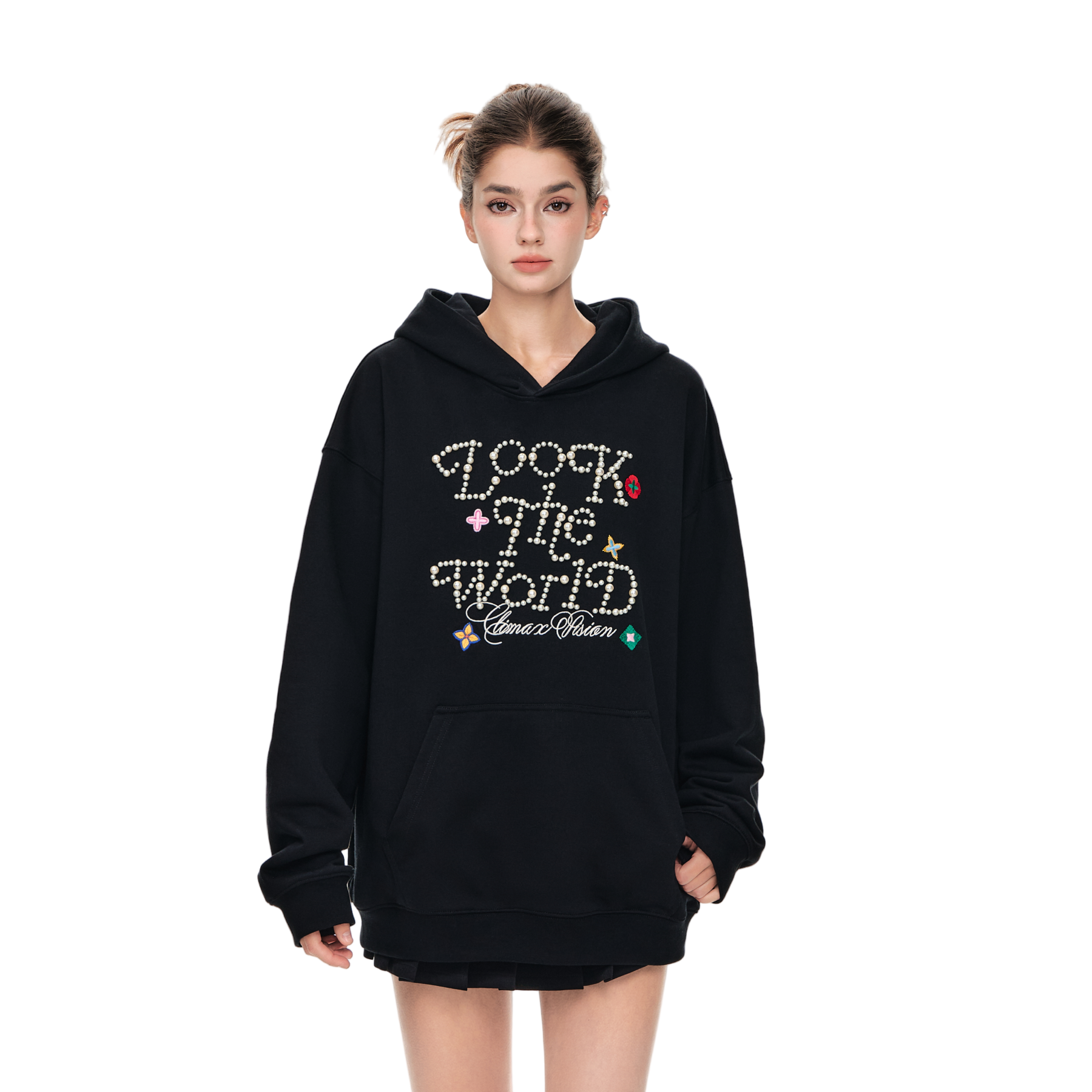 Pearl Letter Embroidered Flower Hoodie In Black