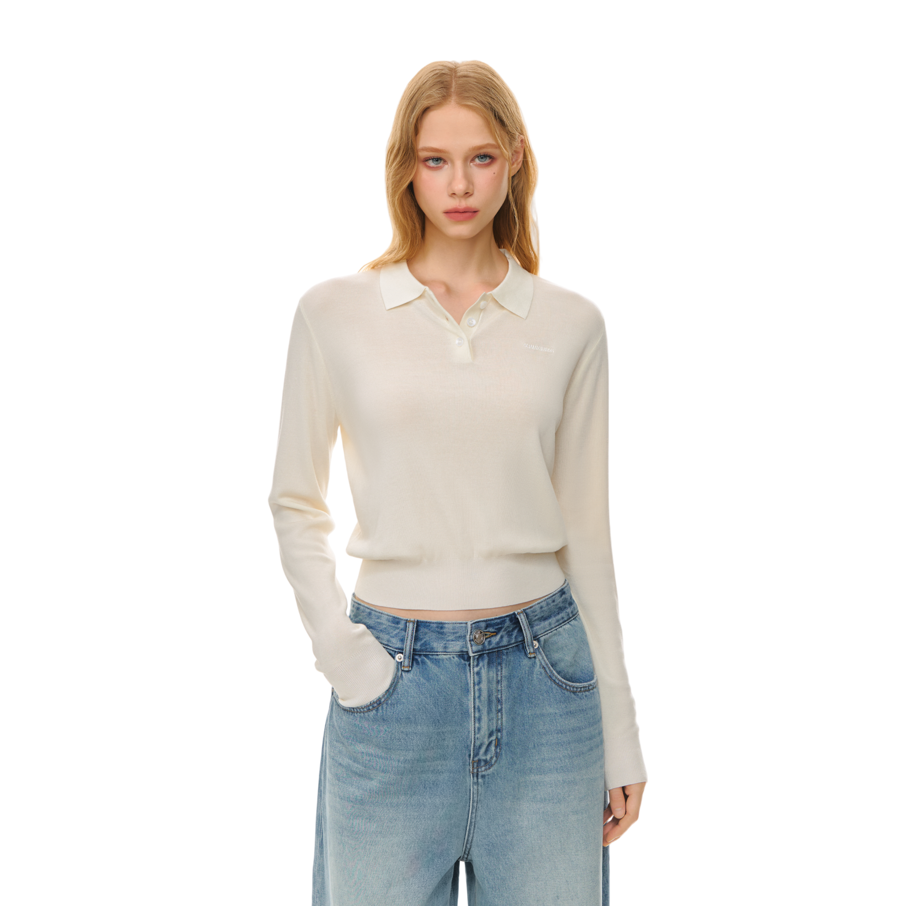 Lyocell Lapel POLO Long Sleeve Sweater In White