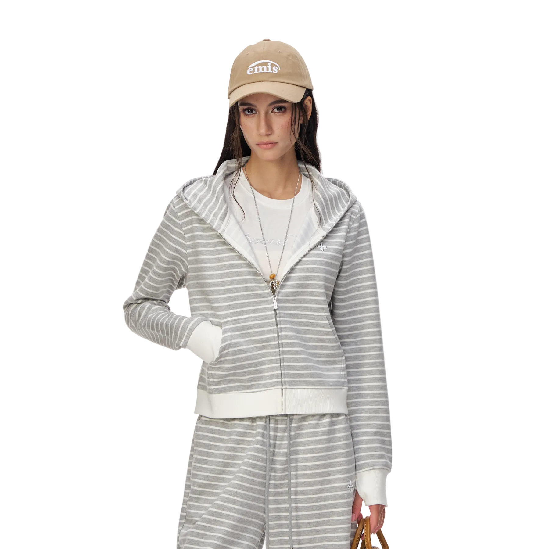 Gray and White Striped Cross-Pattern Airy Hooded Zip-Up Sweatshirt