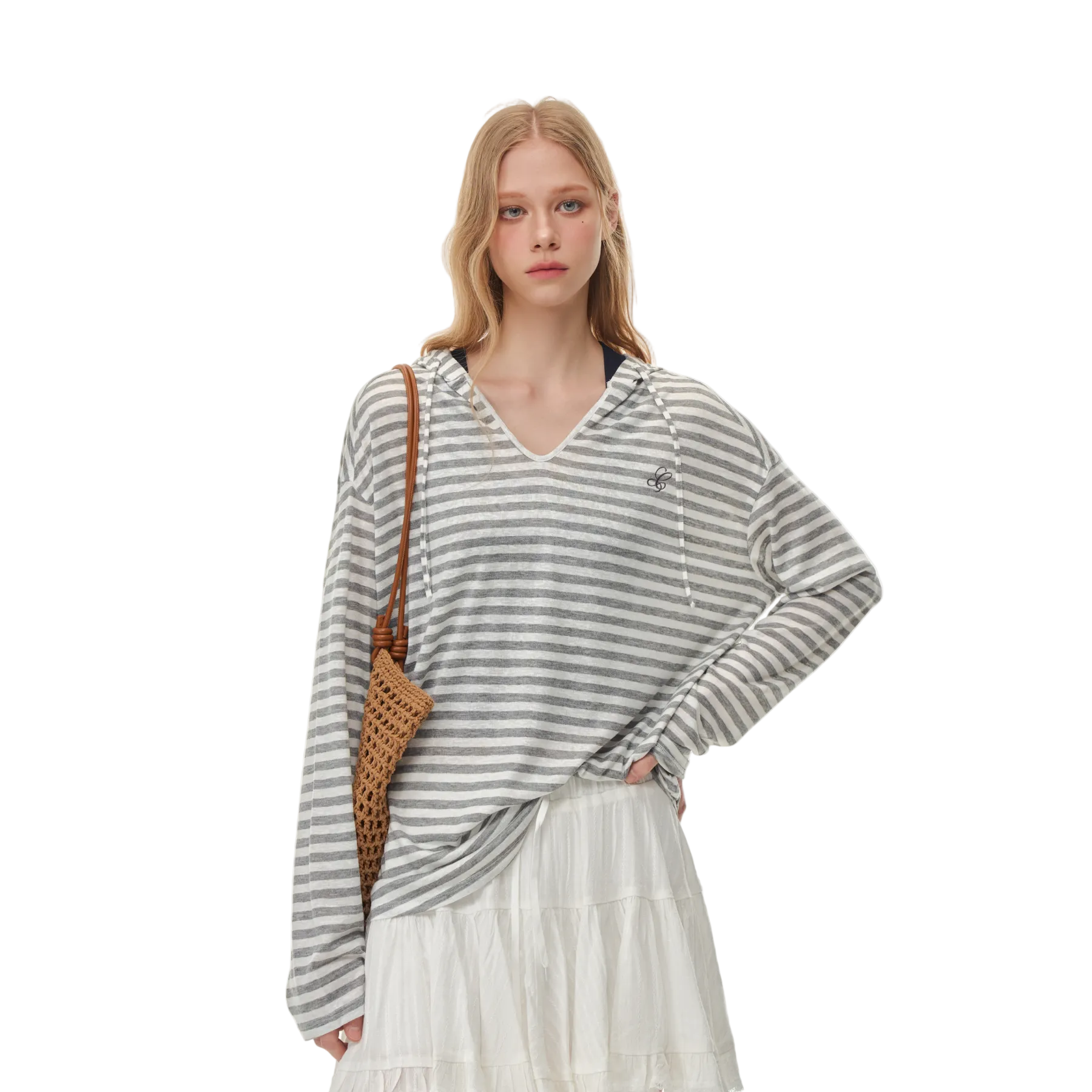 Grey Snowflake Texture Striped Hooded Long-Sleeve