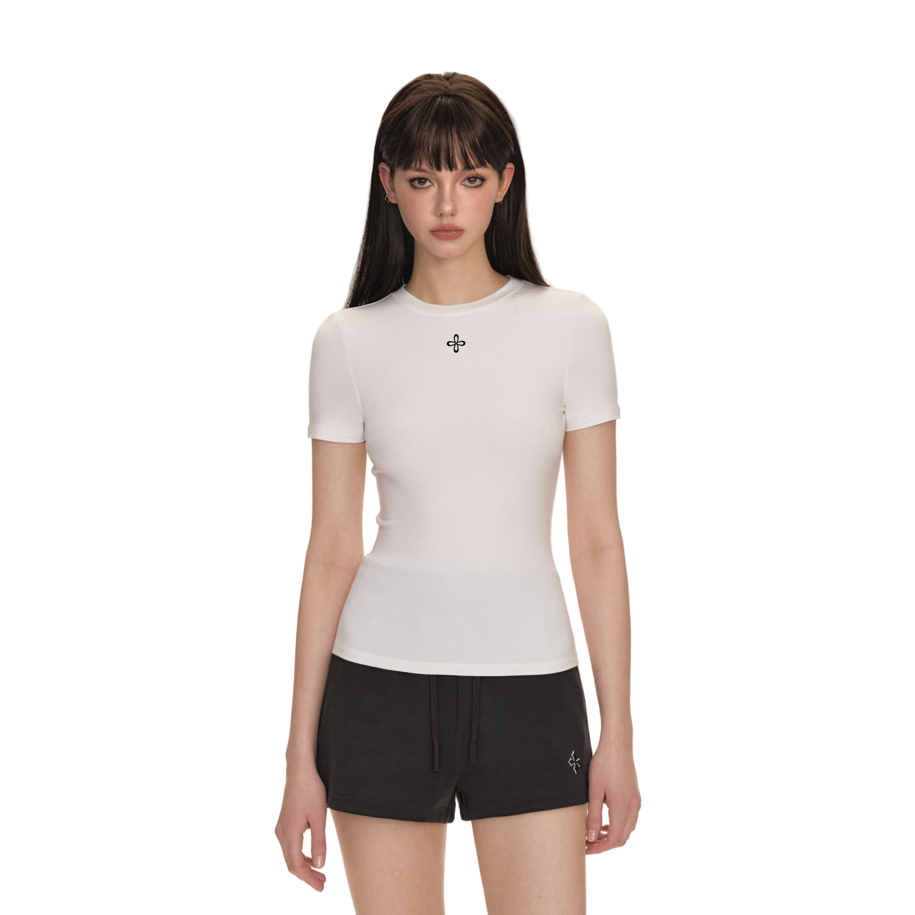 White Cross-Flower Basic All-Match Hourglass Waist Short-Sleeved T-Shirt