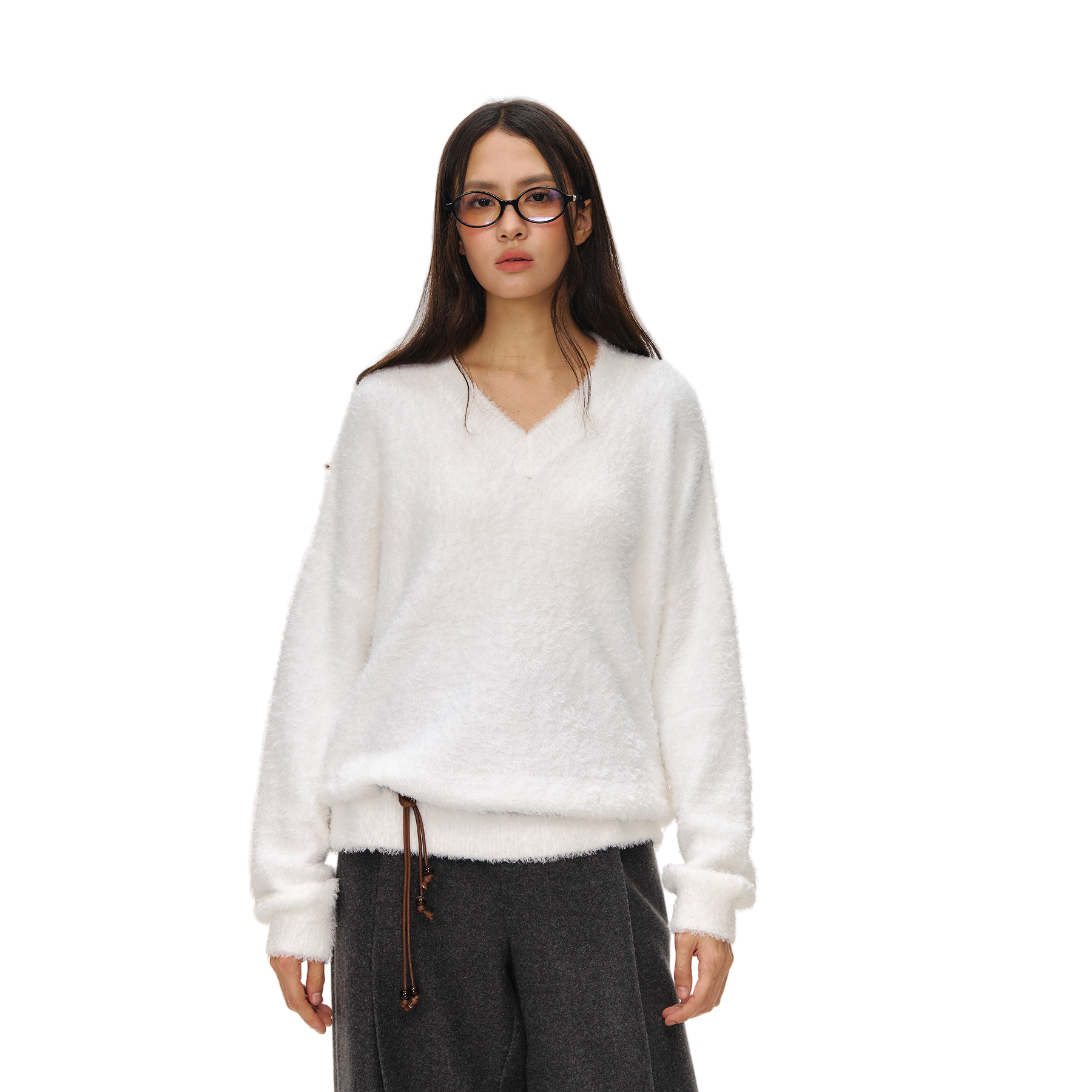 White Lazy Style Cloud Fluffy Plush V-Neck Knit Sweater