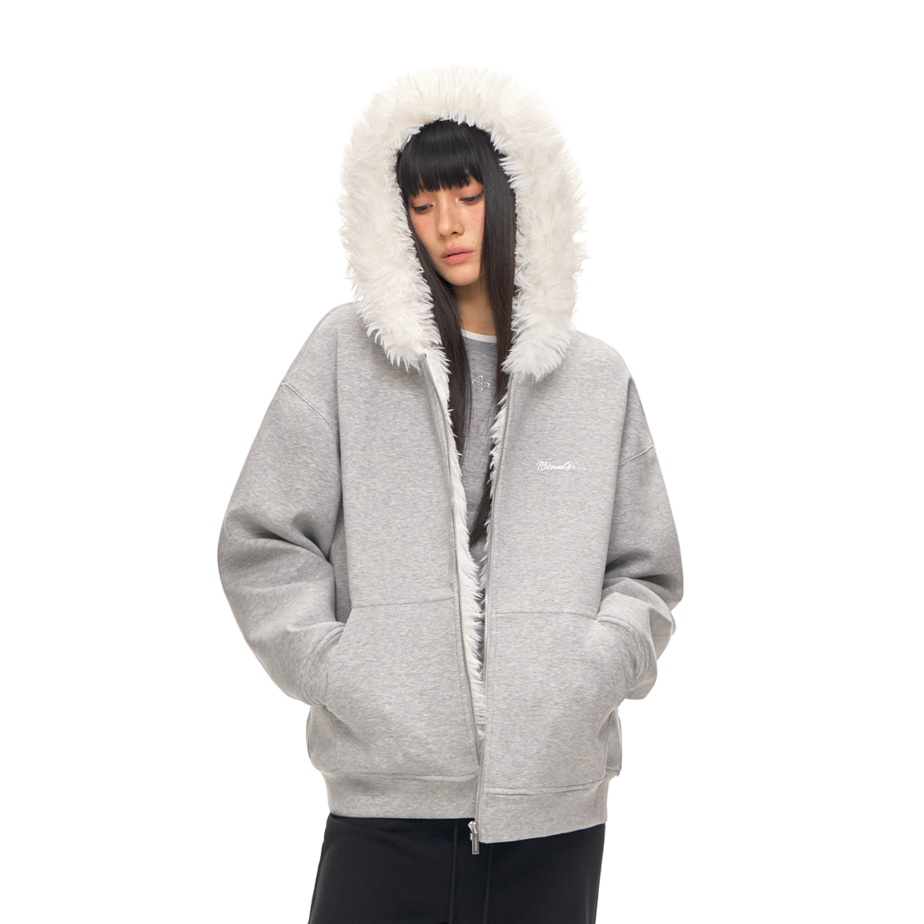 Grey Warm Rhinestone Logo Faux Fur Collar Hooded Jacket