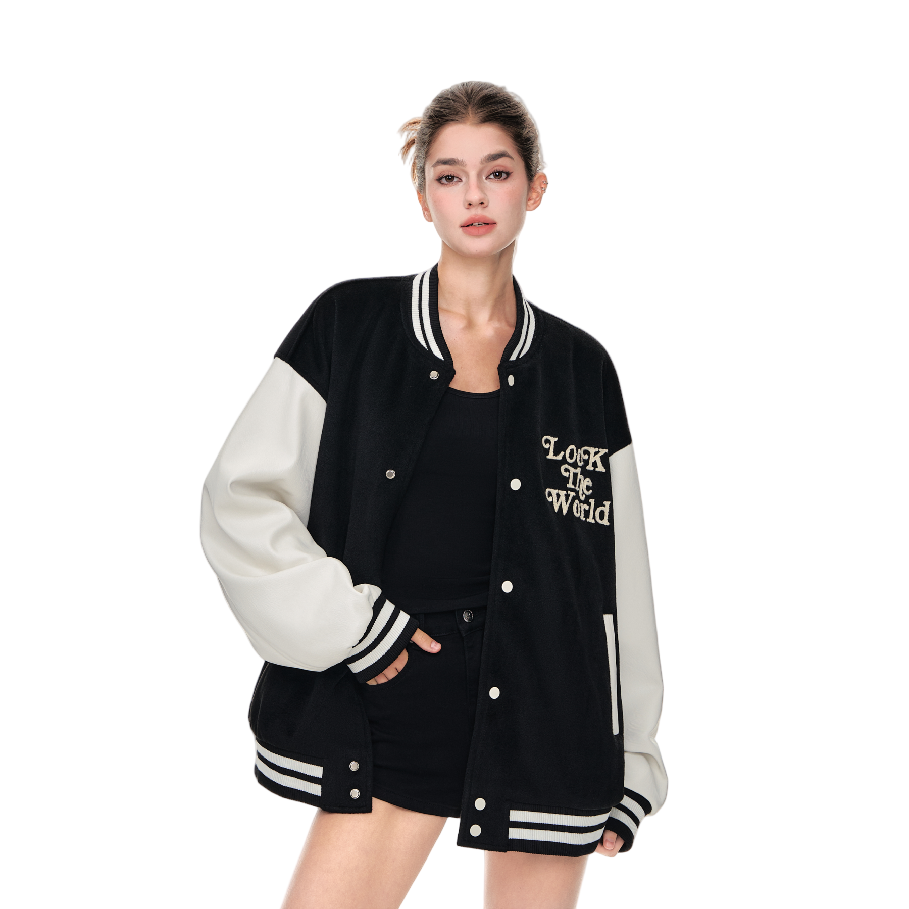 Black Pearl Beaded Embroidery Contrast Color Baseball Jacket