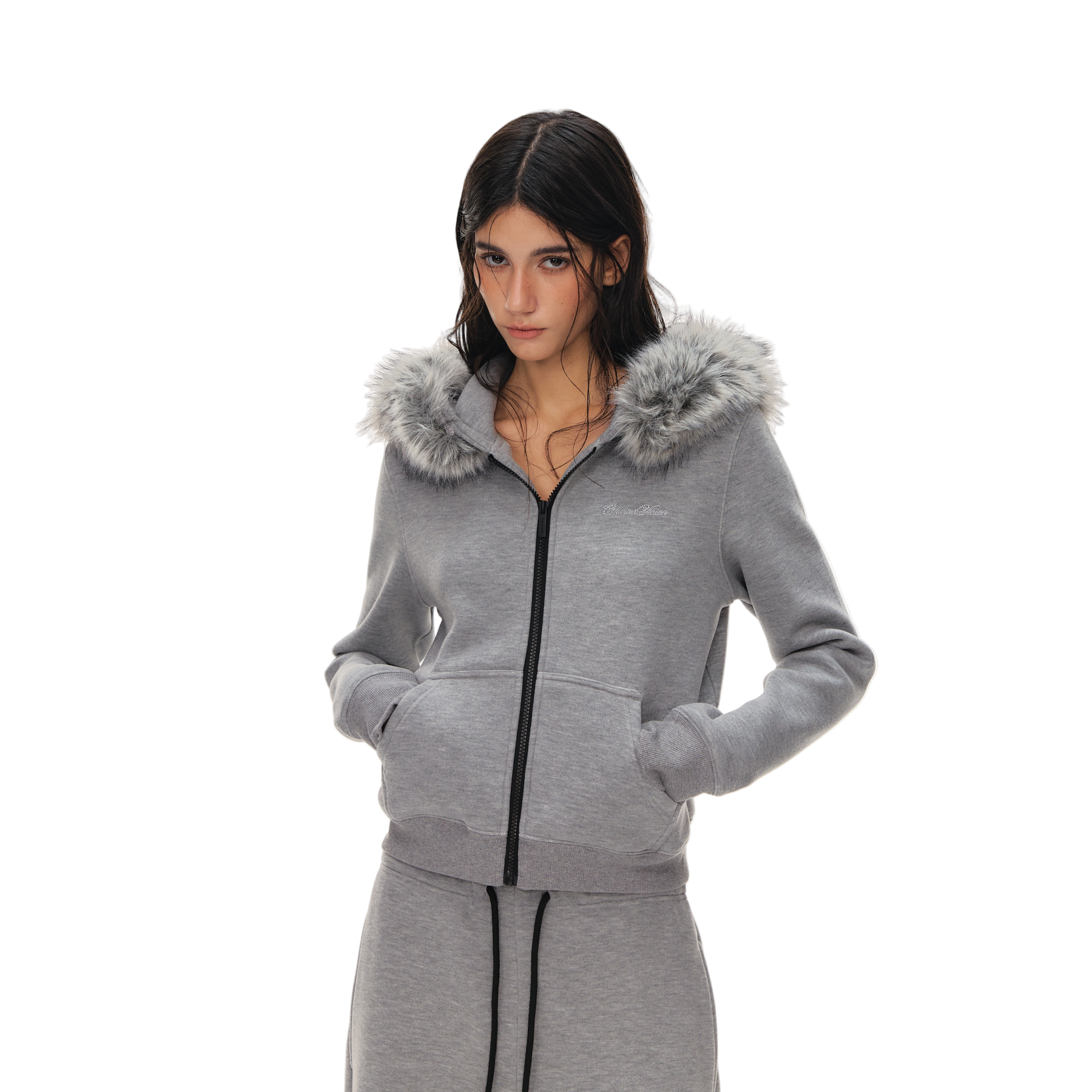 Grey Double-Sided Fleece Hooded Jacket with Detachable Fur Collar