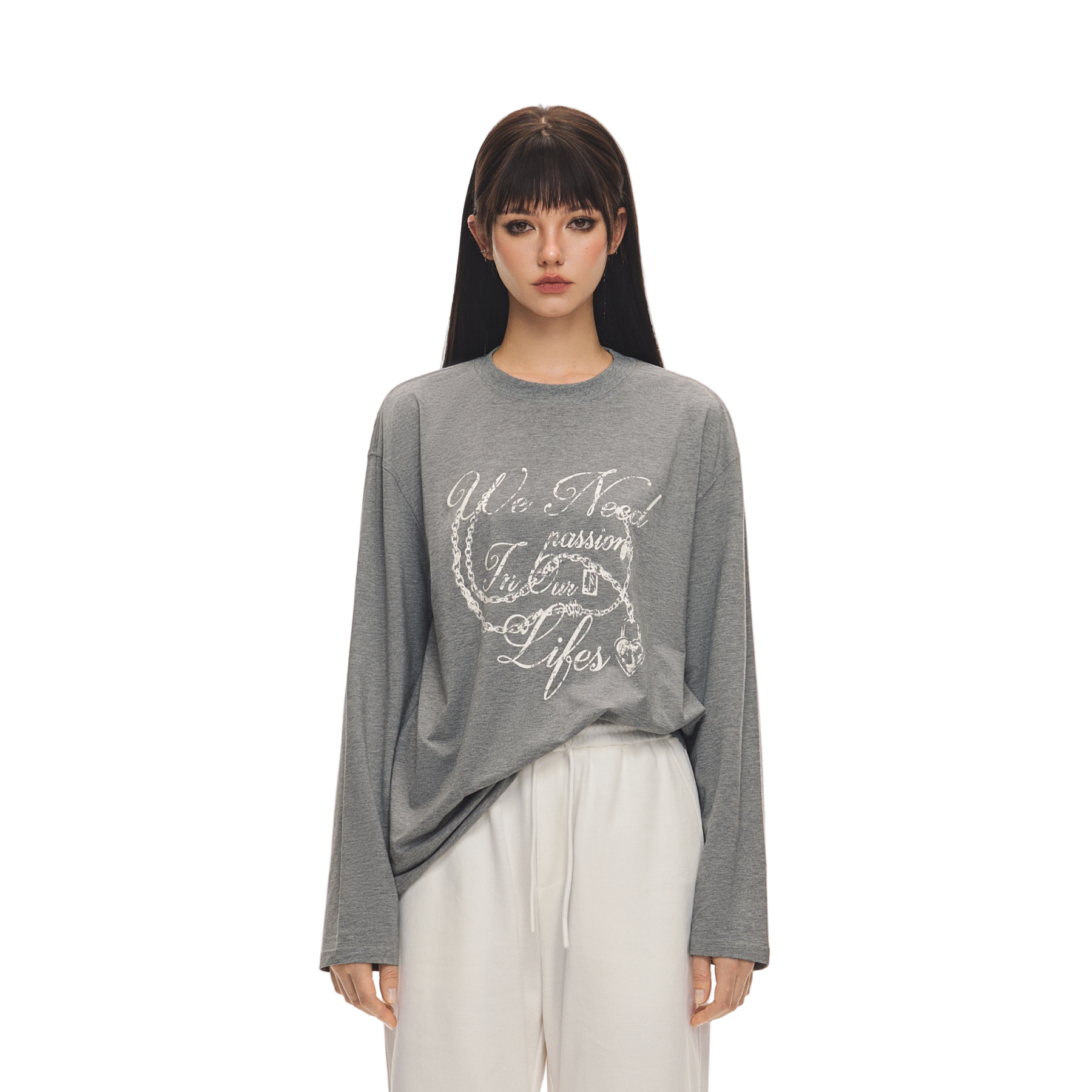 Light Grey 3D Distressed Chain Letter Print Long-sleeved T-shirt