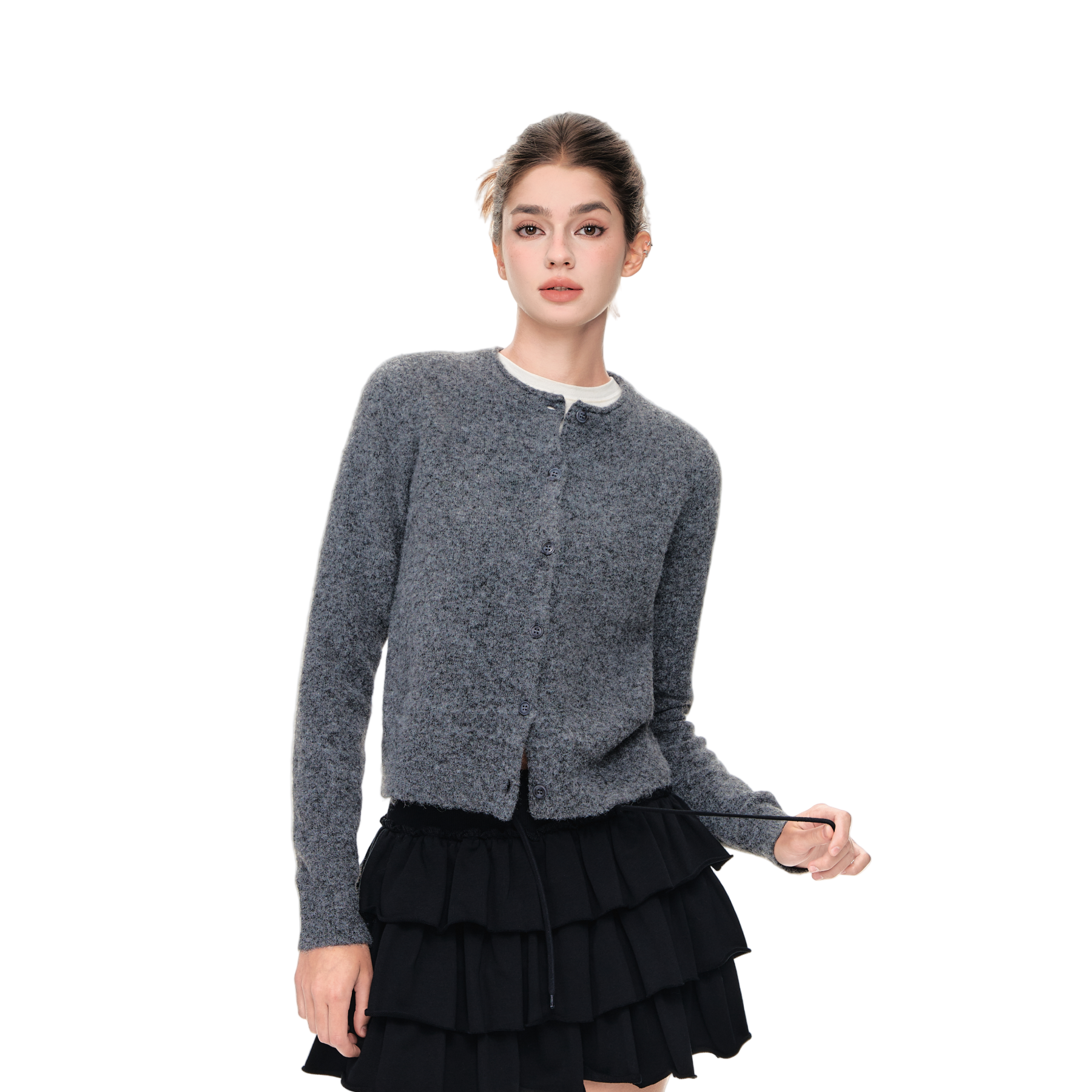 Gray Soft Wool Blend Round Neck Curled Retro Knitted Cardigan