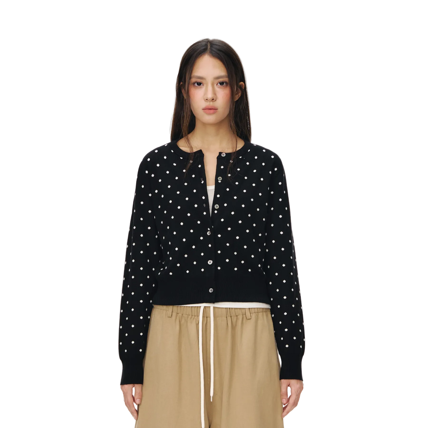 Black Polka Dot Core-Spun Yarn Crew Neck Cardigan Sweater