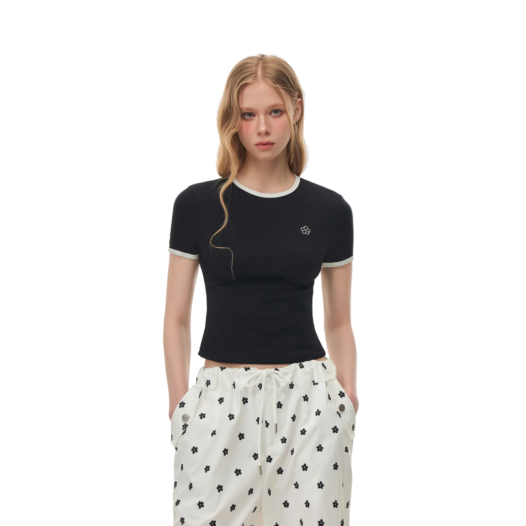 Black Floral Embroidered Short-Sleeve T-Shirt
