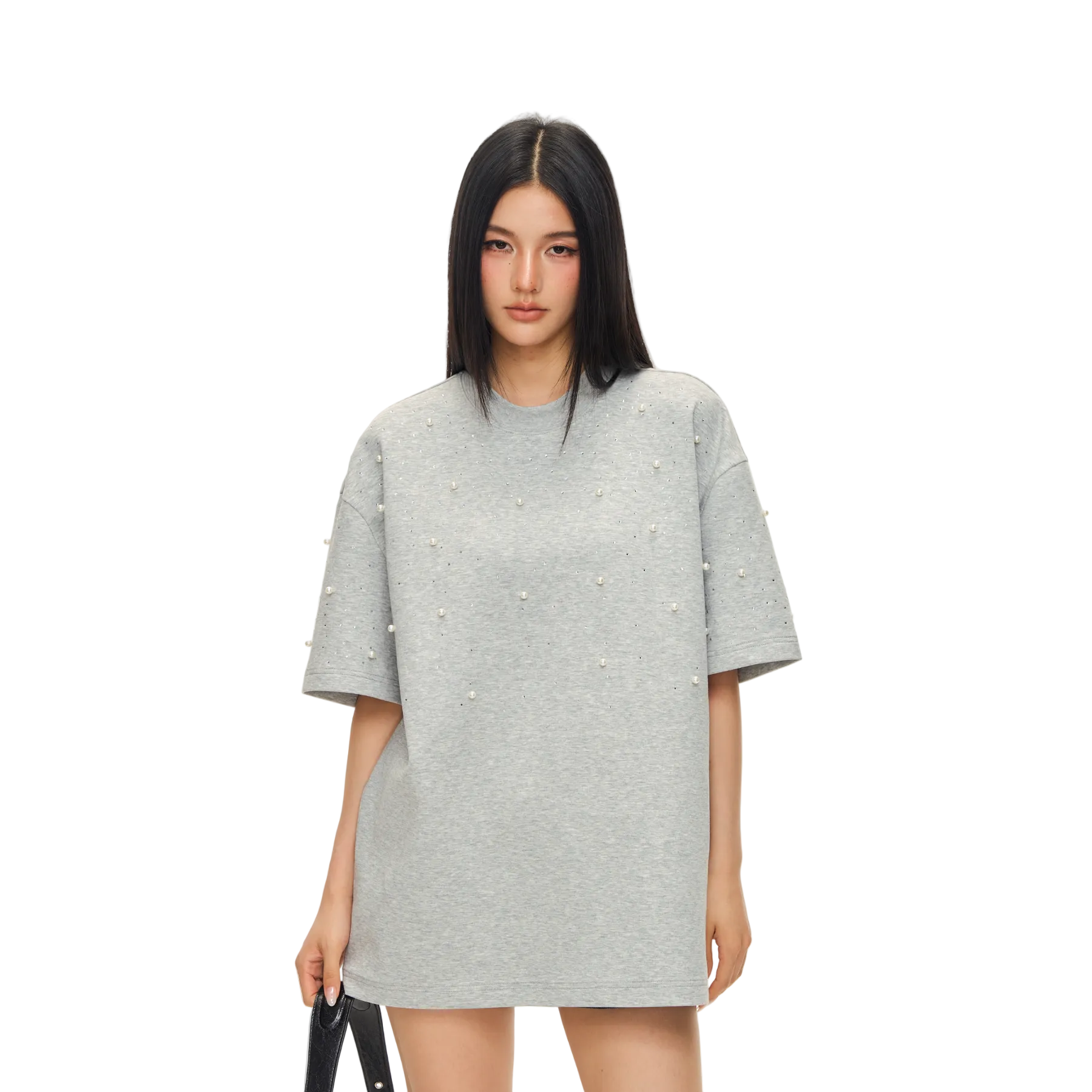 Grey Air Cotton Pearl Rhinestone Short-Sleeve T-Shirt