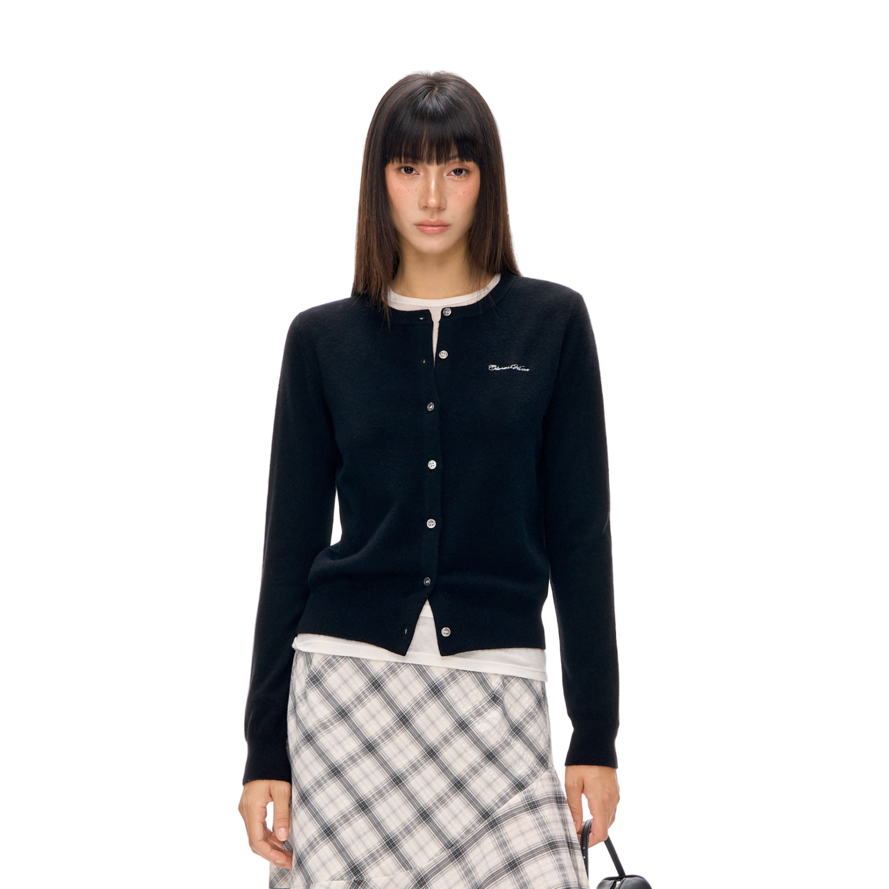 Black Wool Crew Neck Embroidered Knit Cardigan Sweater