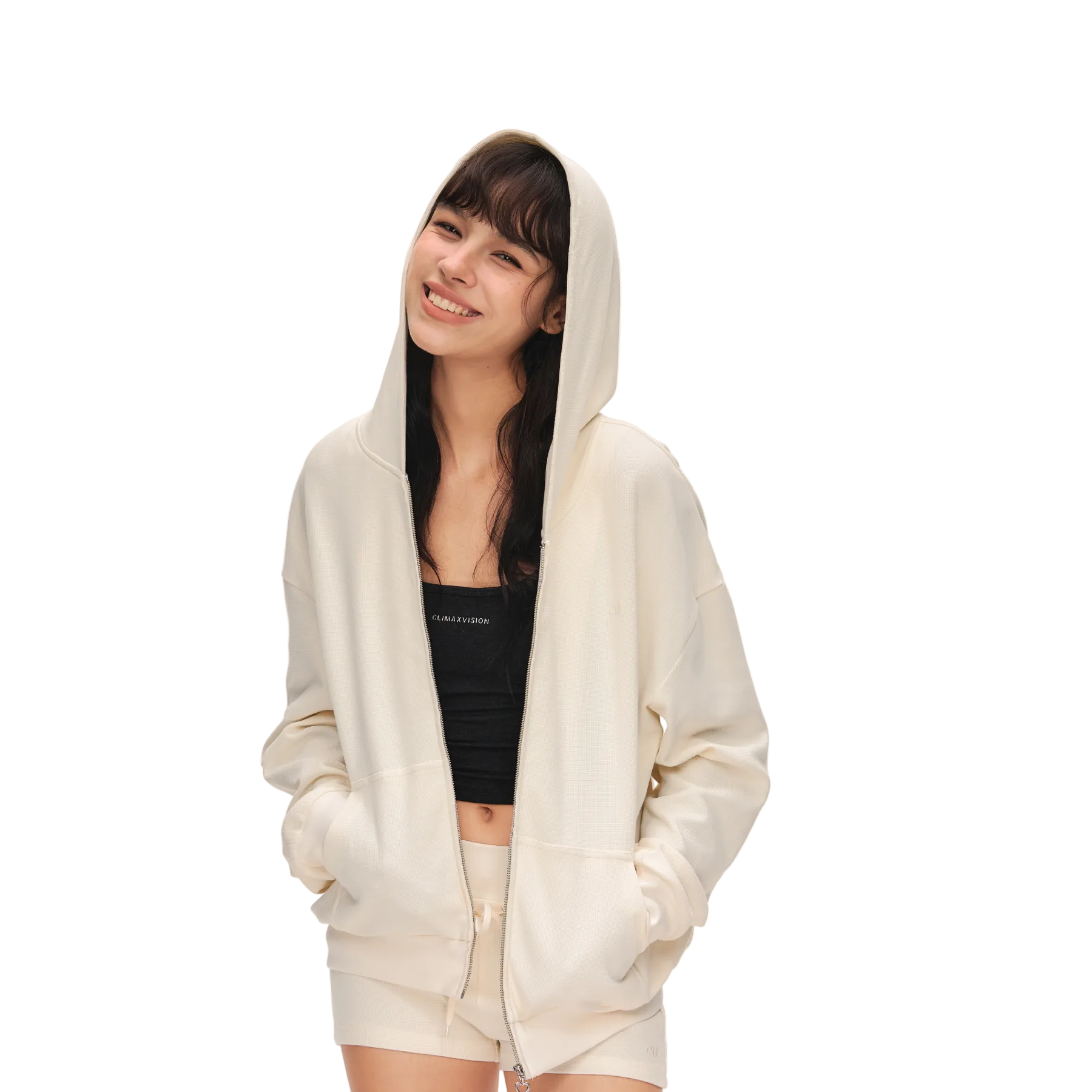 Beige Sporty Waffle Set Hooded Jacket