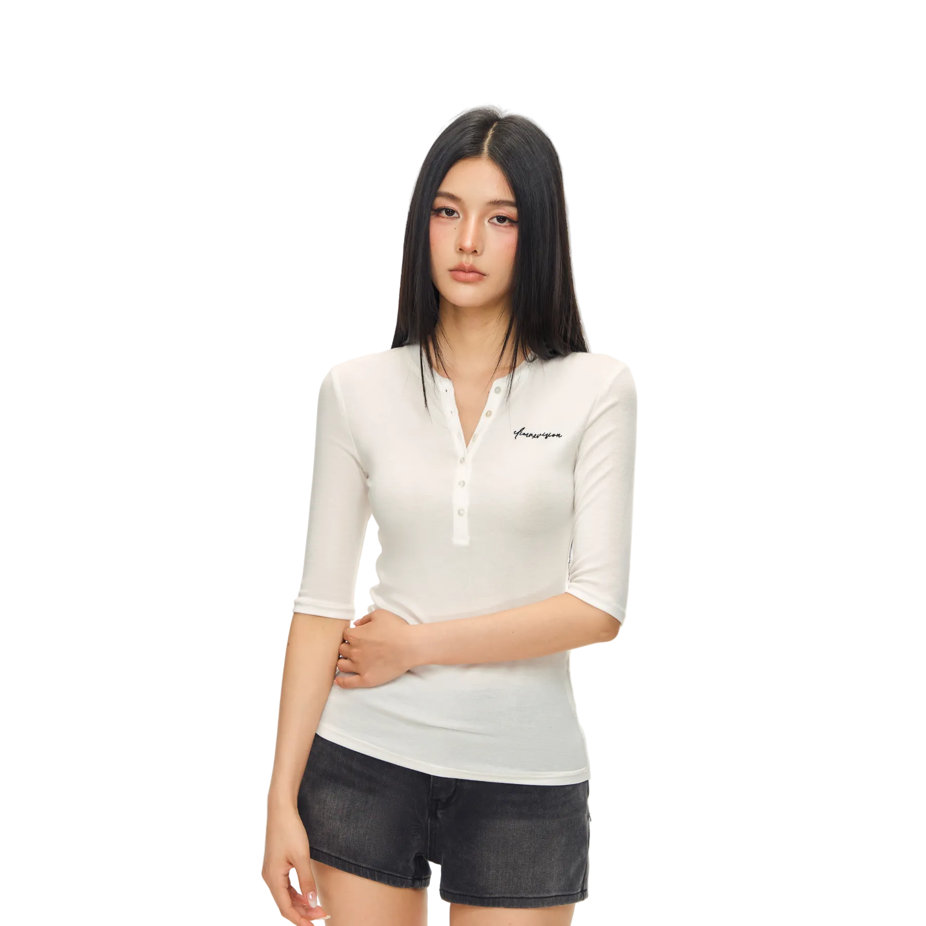 White Lyocell Wool Blend Henley Mid-Sleeve T-Shirt