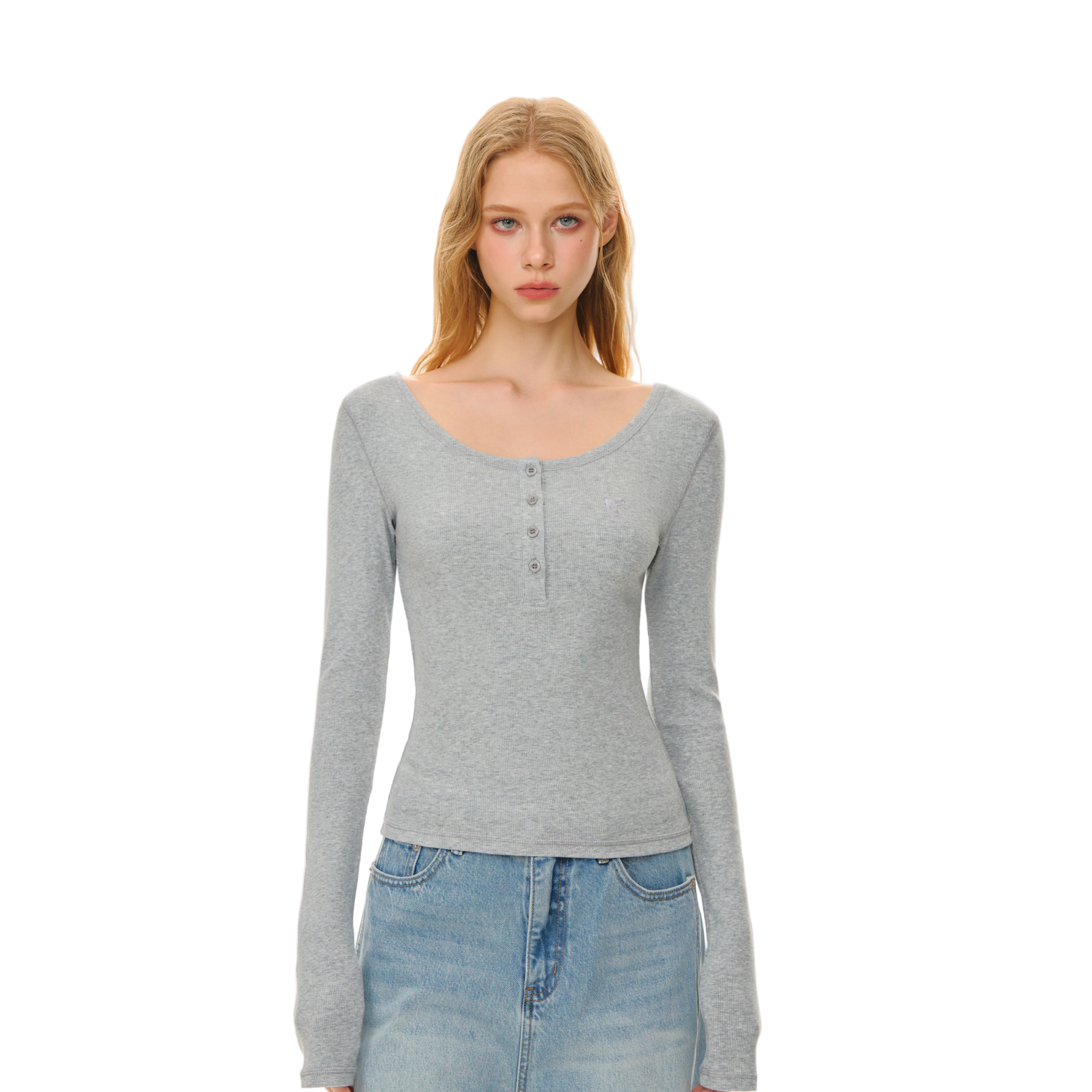 Gray Basic All-match U-neck Elastic Henley Neck Long Sleeve