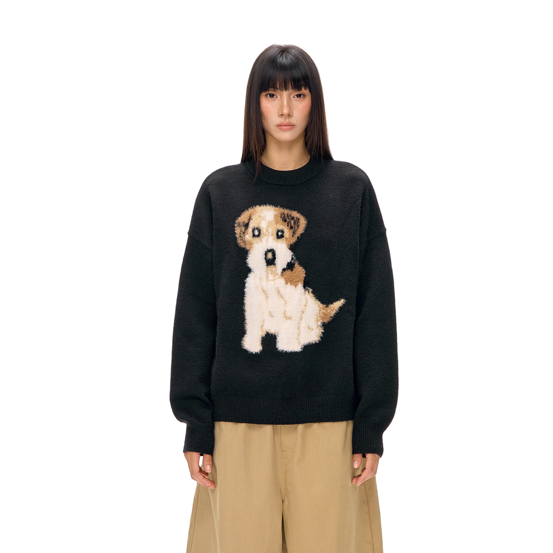 Plush Cartoon Puppy Jacquard Pullover Sweater In Black