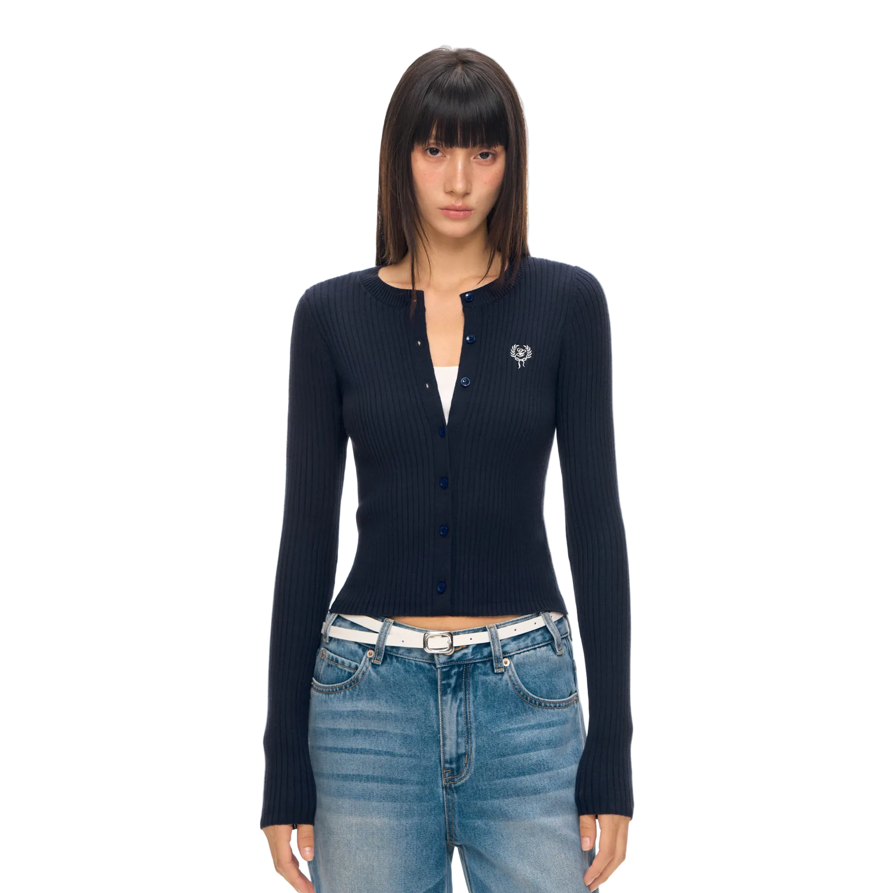 Navy Blue Ribbed Knit Cardigan