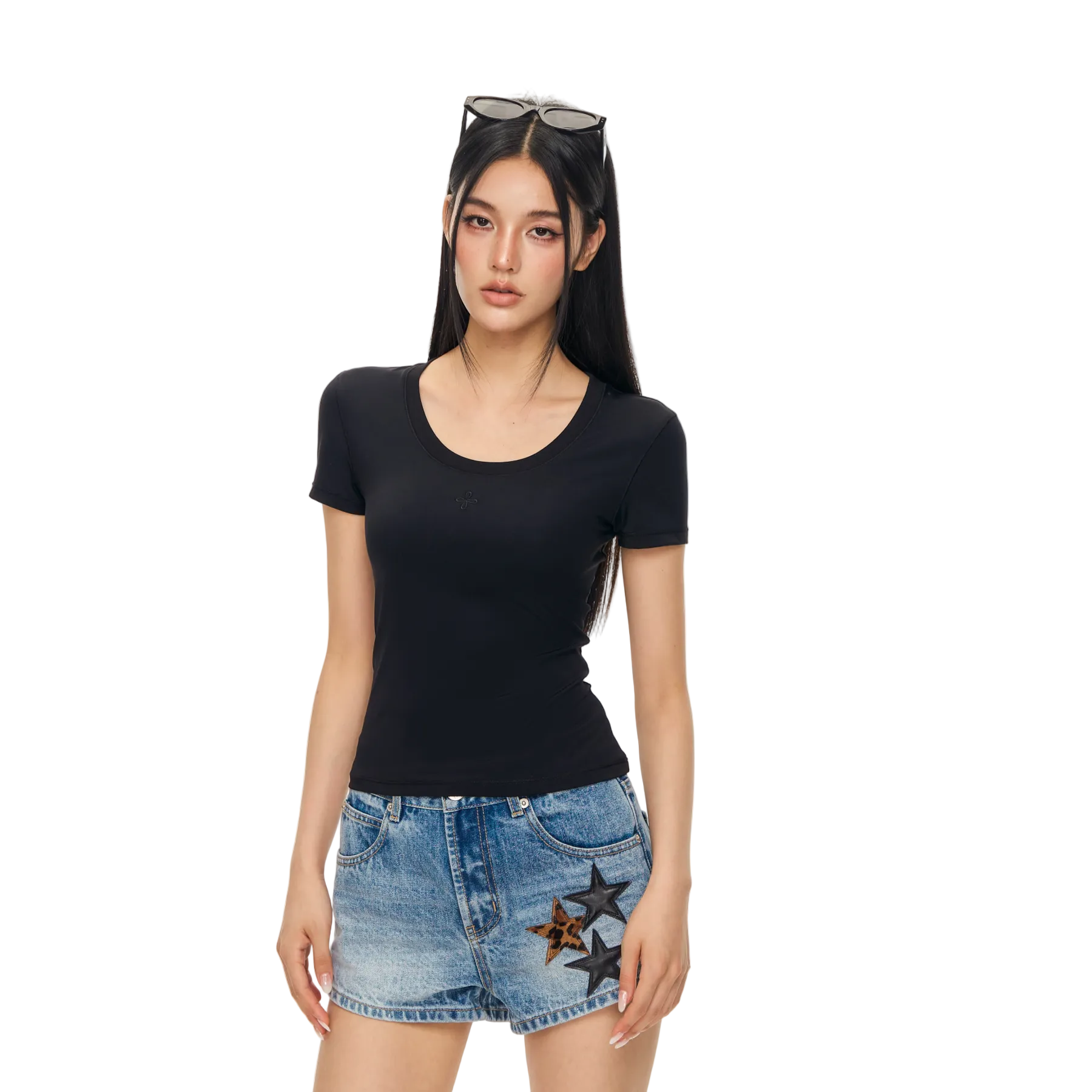 Black Cross Shaped U-Neck Short-Sleeve T-Shirt