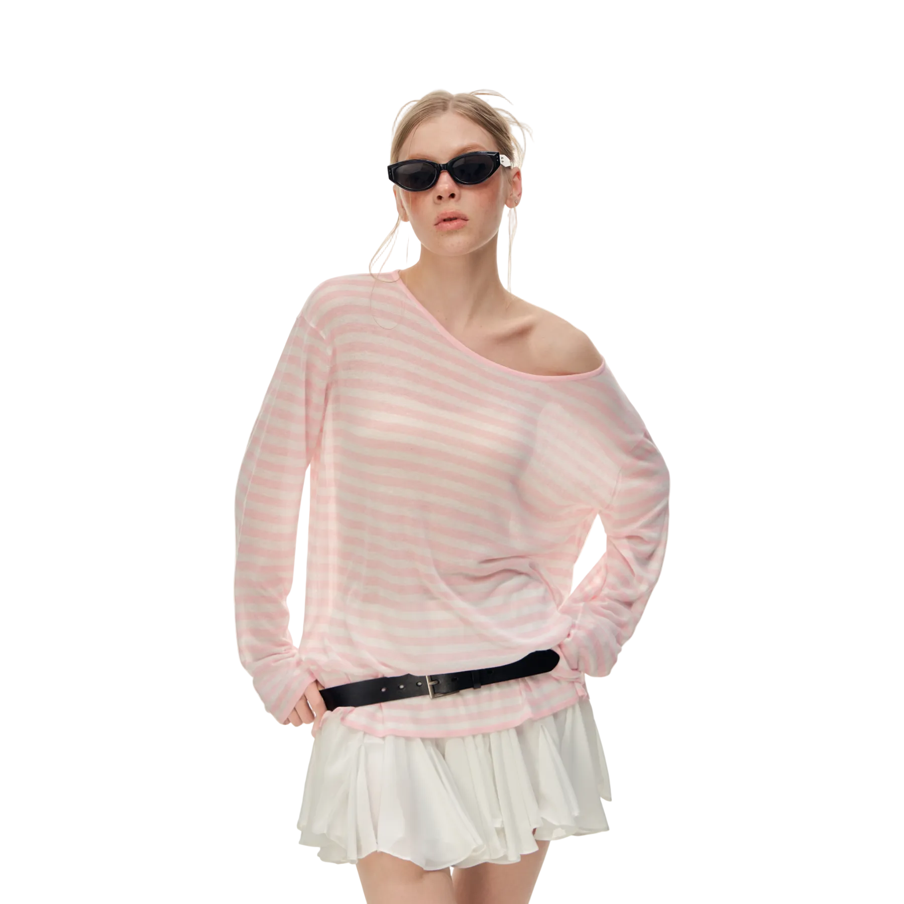 Pink Tencel Linen Striped Off-Shoulder Cover-Up T-Shirt