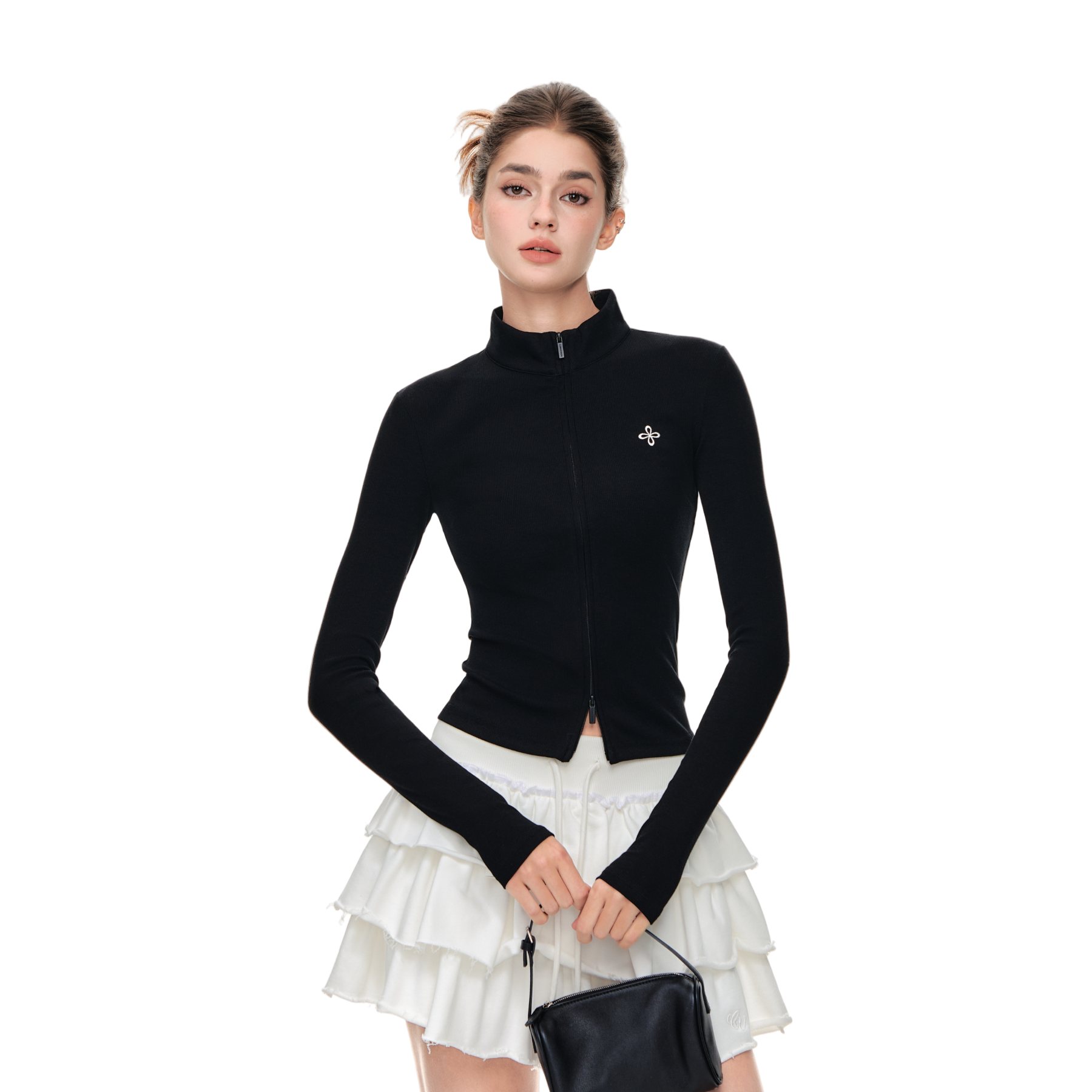 Cool Slimming Double Zipper Long-sleeved In Black