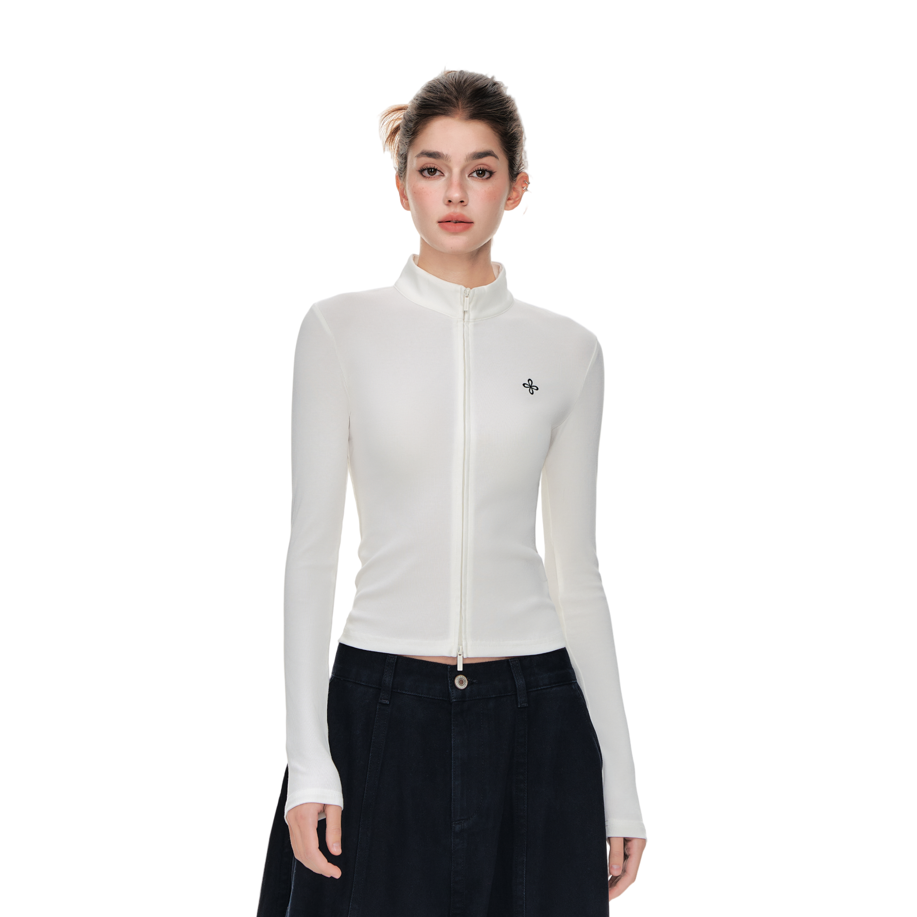 Cool Slimming Double Zipper Long-sleeved In White