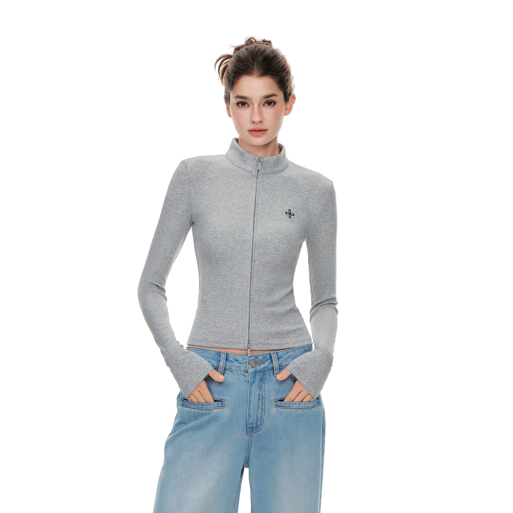 Cool Slimming Double Zipper Long-sleeved In Gray