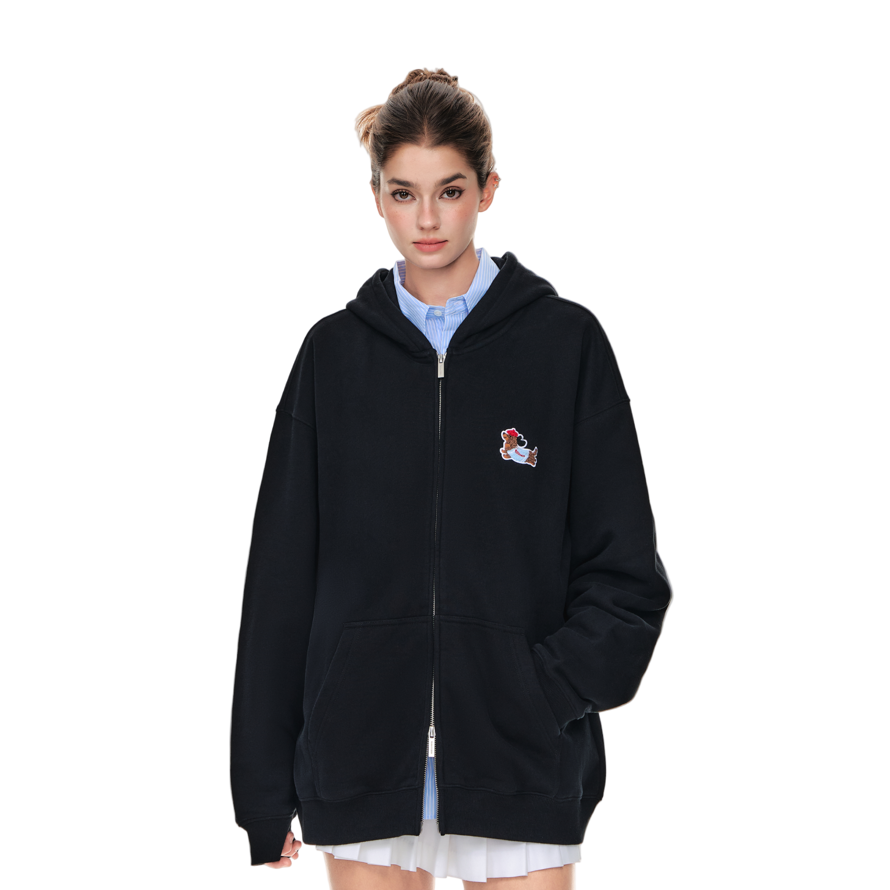 Black Dachshund Towel Embroidered Hooded Zip-Up Cardigan