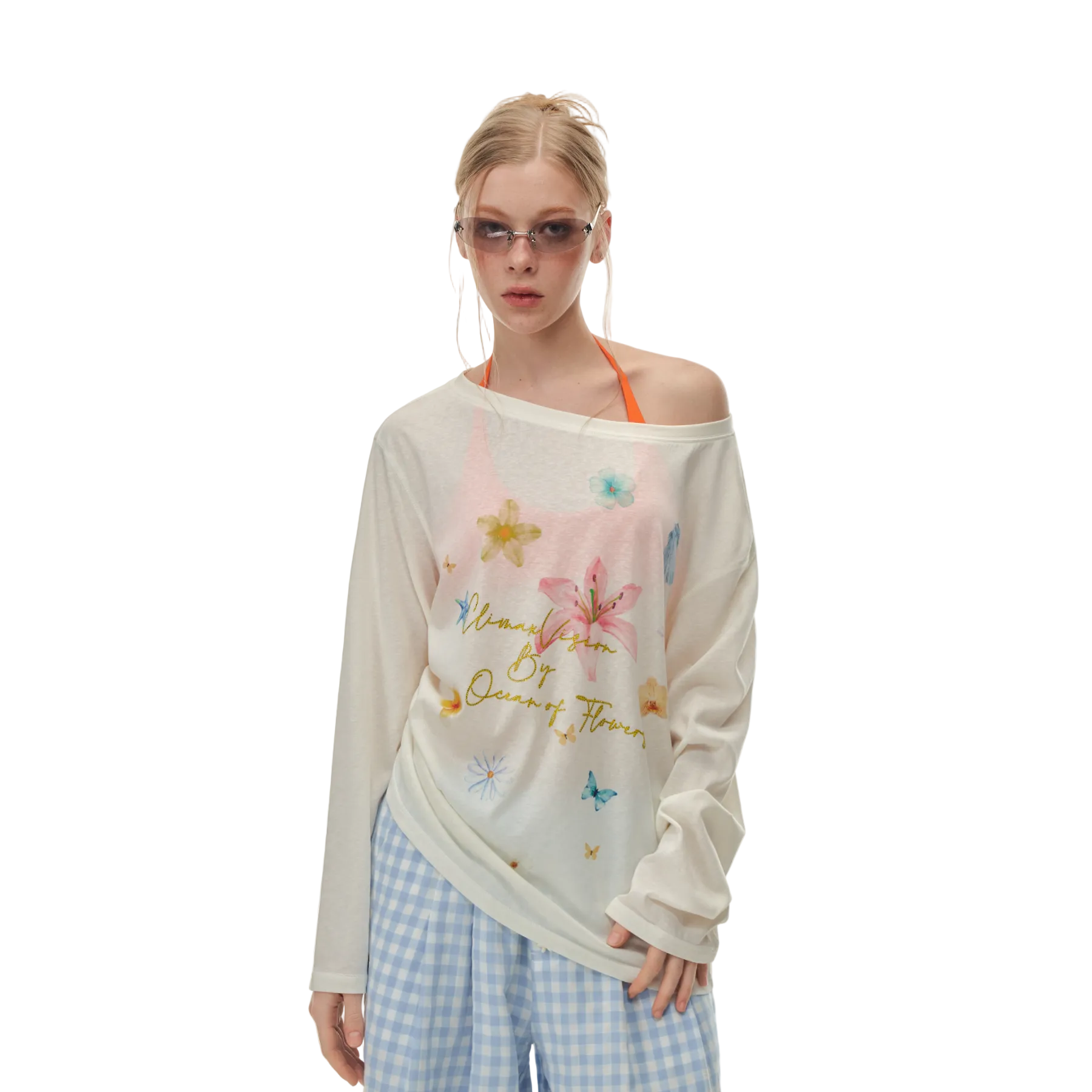 Beige Lyocell Floral Rhinestone Off-Shoulder Long Sleeve