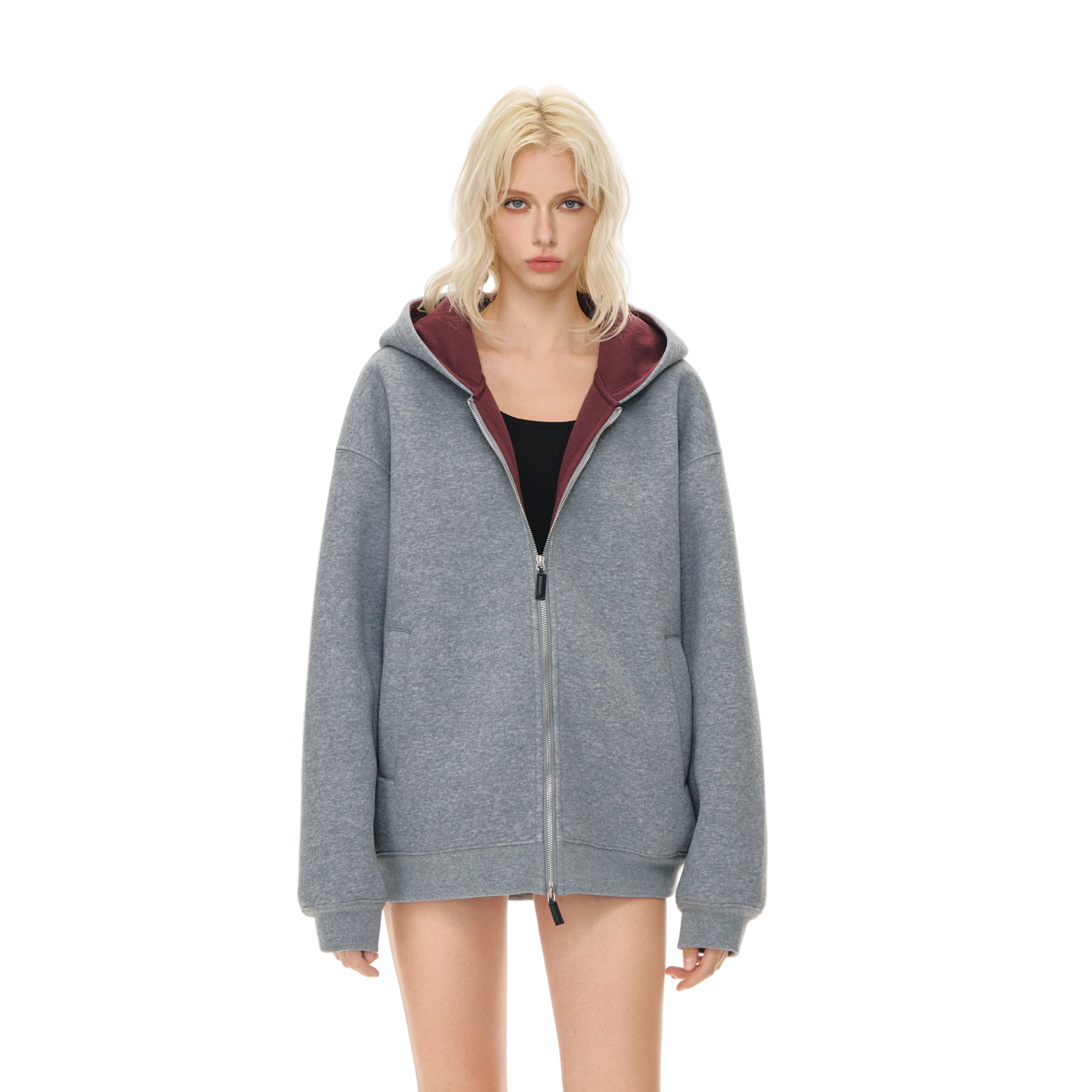 Two-Tone Air Layer Profile Zipper Cardigan In Gray and Red