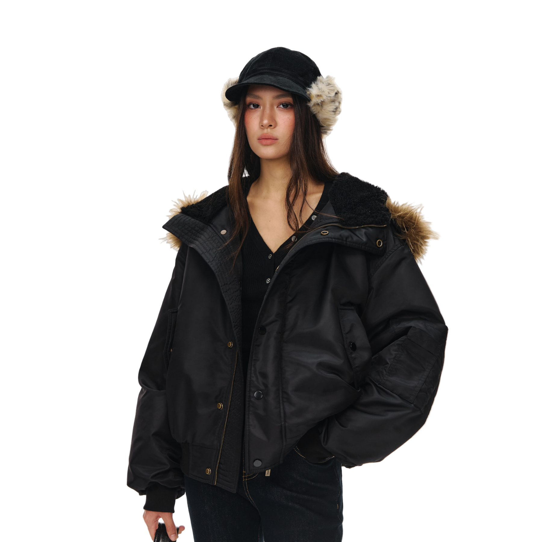 Black Retro Hooded Detachable Fur Collar Jacket Parka